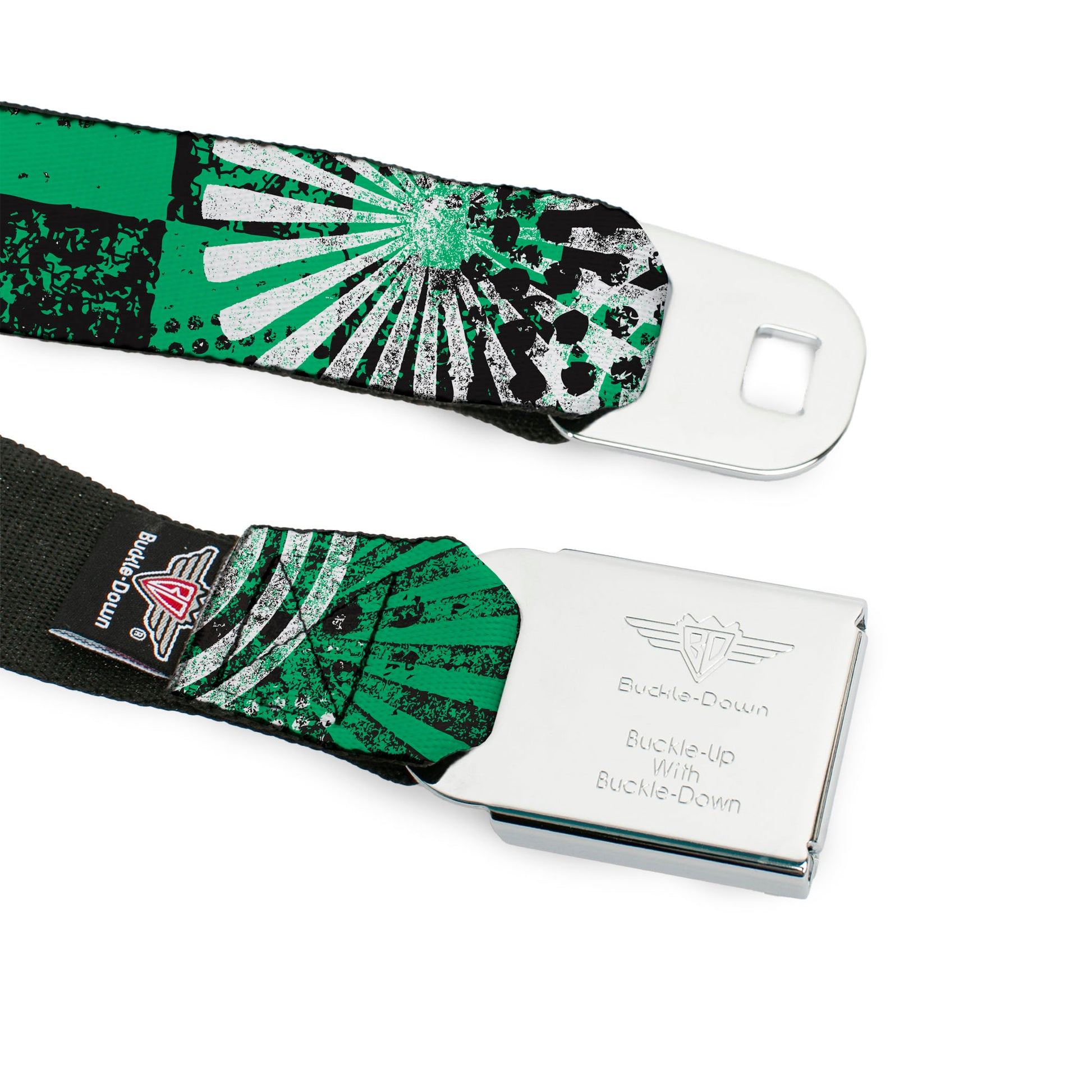 BD Wings Logo CLOSE-UP Full Color Black Silver Seatbelt Belt - Grunge Chaos Green Webbing Seatbelt Belts Buckle-Down