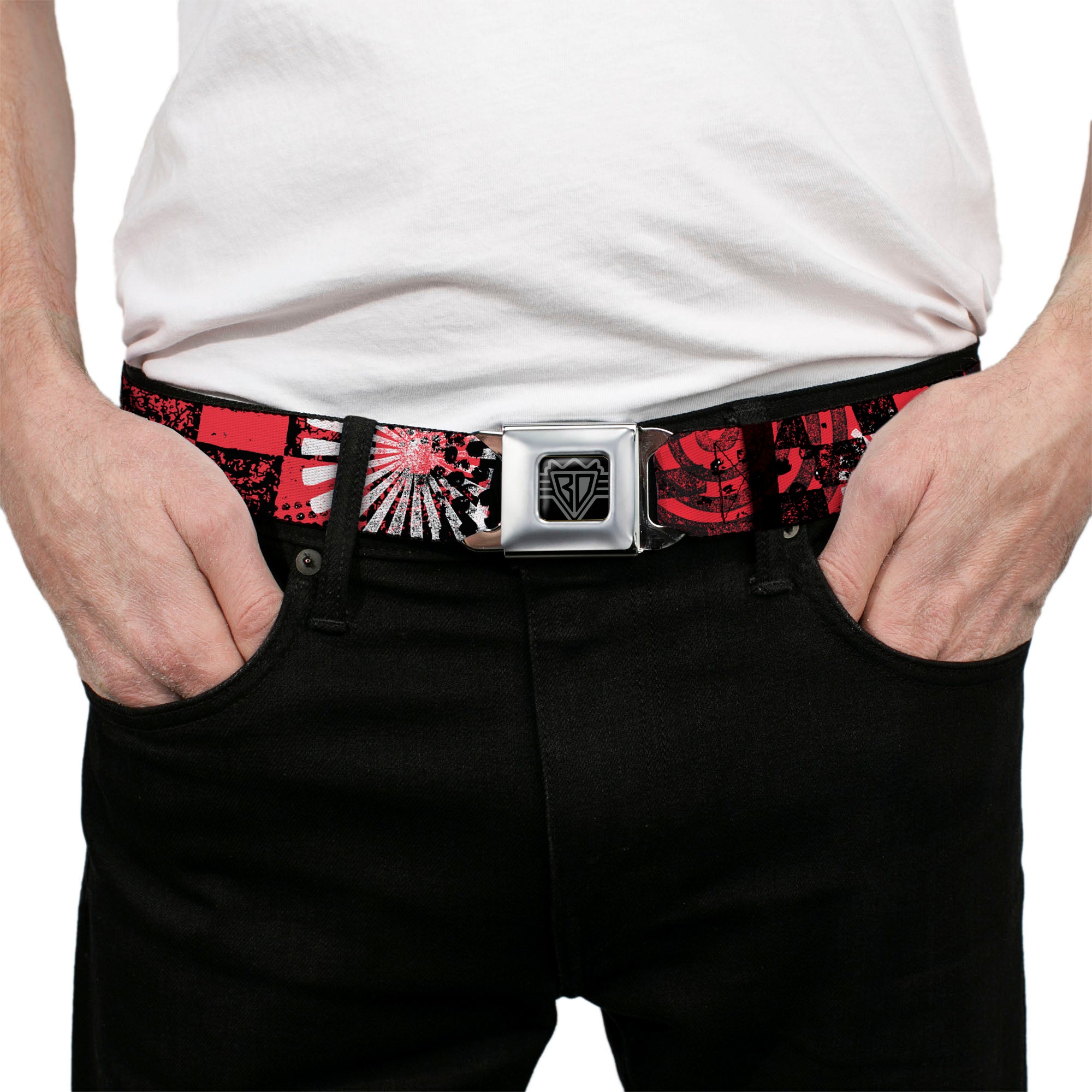 BD Wings Logo CLOSE-UP Full Color Black Silver Seatbelt Belt - Grunge Chaos Red Webbing Seatbelt Belts Buckle-Down