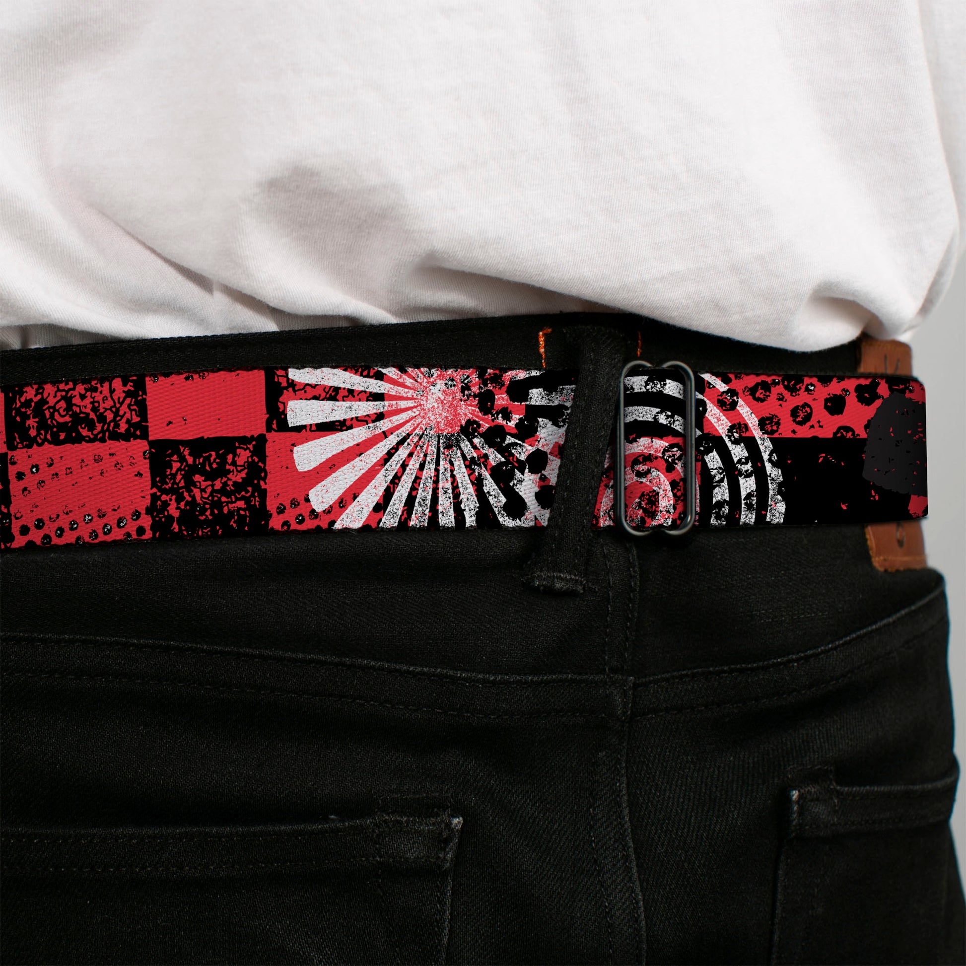 BD Wings Logo CLOSE-UP Full Color Black Silver Seatbelt Belt - Grunge Chaos Red Webbing Seatbelt Belts Buckle-Down