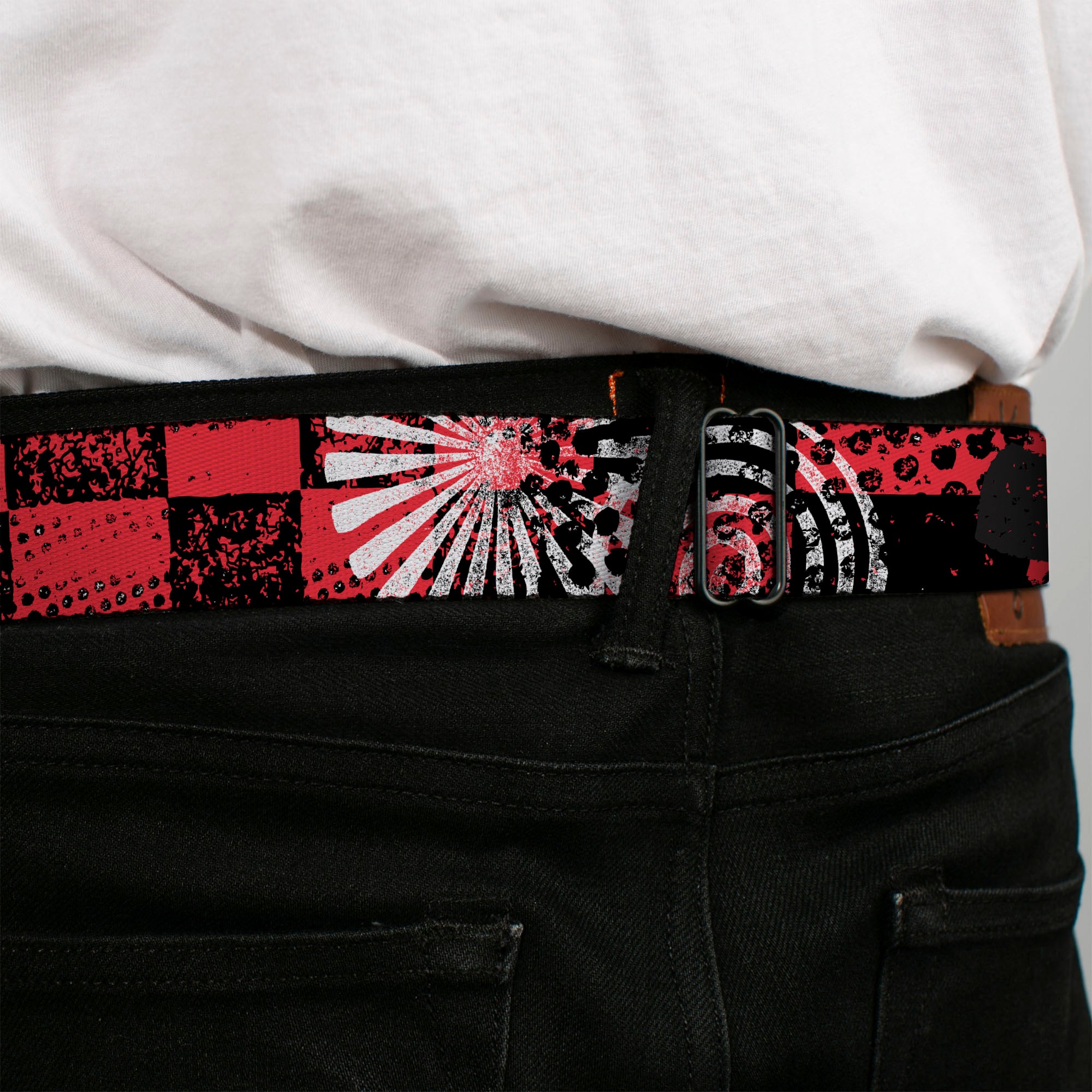 BD Wings Logo CLOSE-UP Full Color Black Silver Seatbelt Belt - Grunge Chaos Red Webbing Seatbelt Belts Buckle-Down