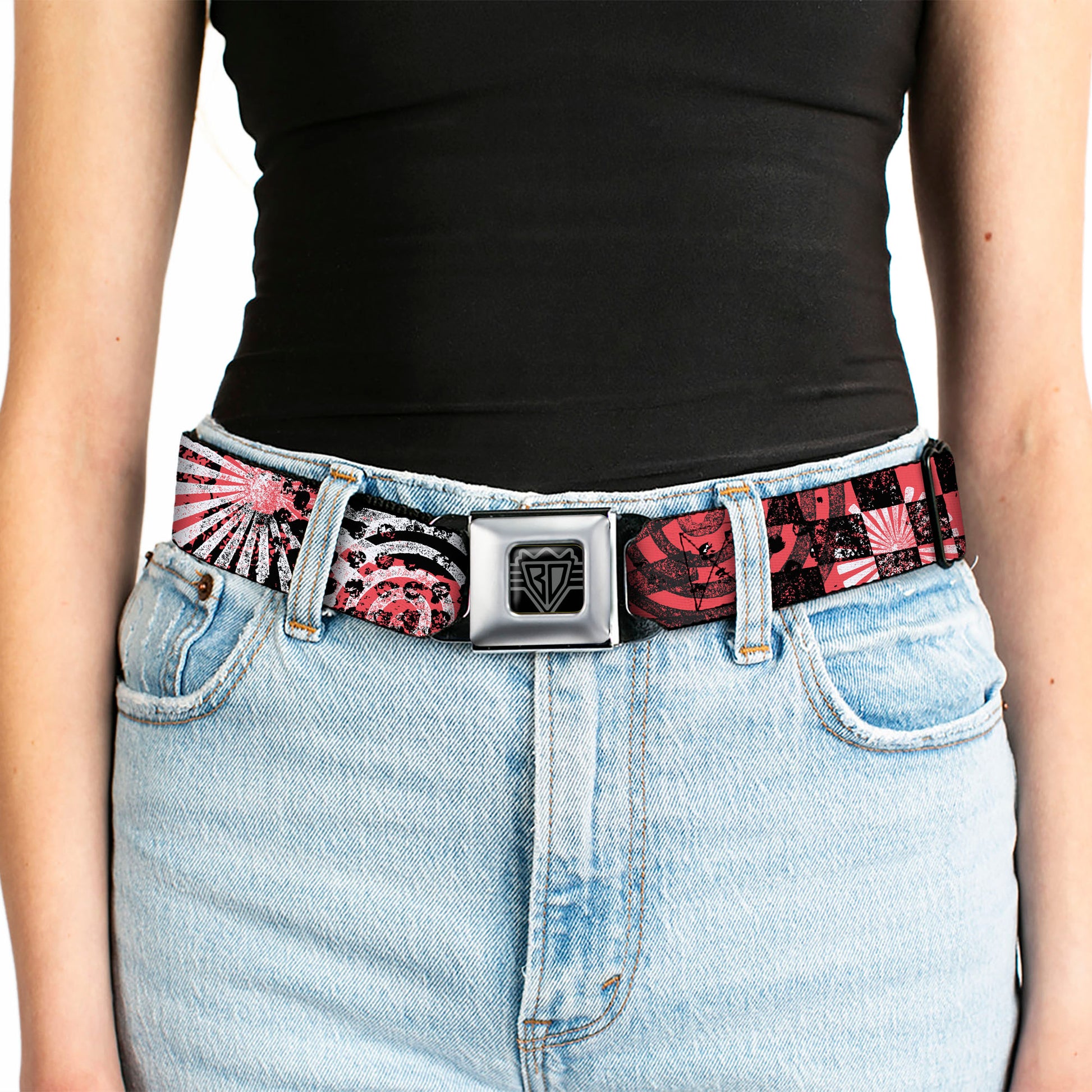 BD Wings Logo CLOSE-UP Full Color Black Silver Seatbelt Belt - Grunge Chaos Red Webbing Seatbelt Belts Buckle-Down