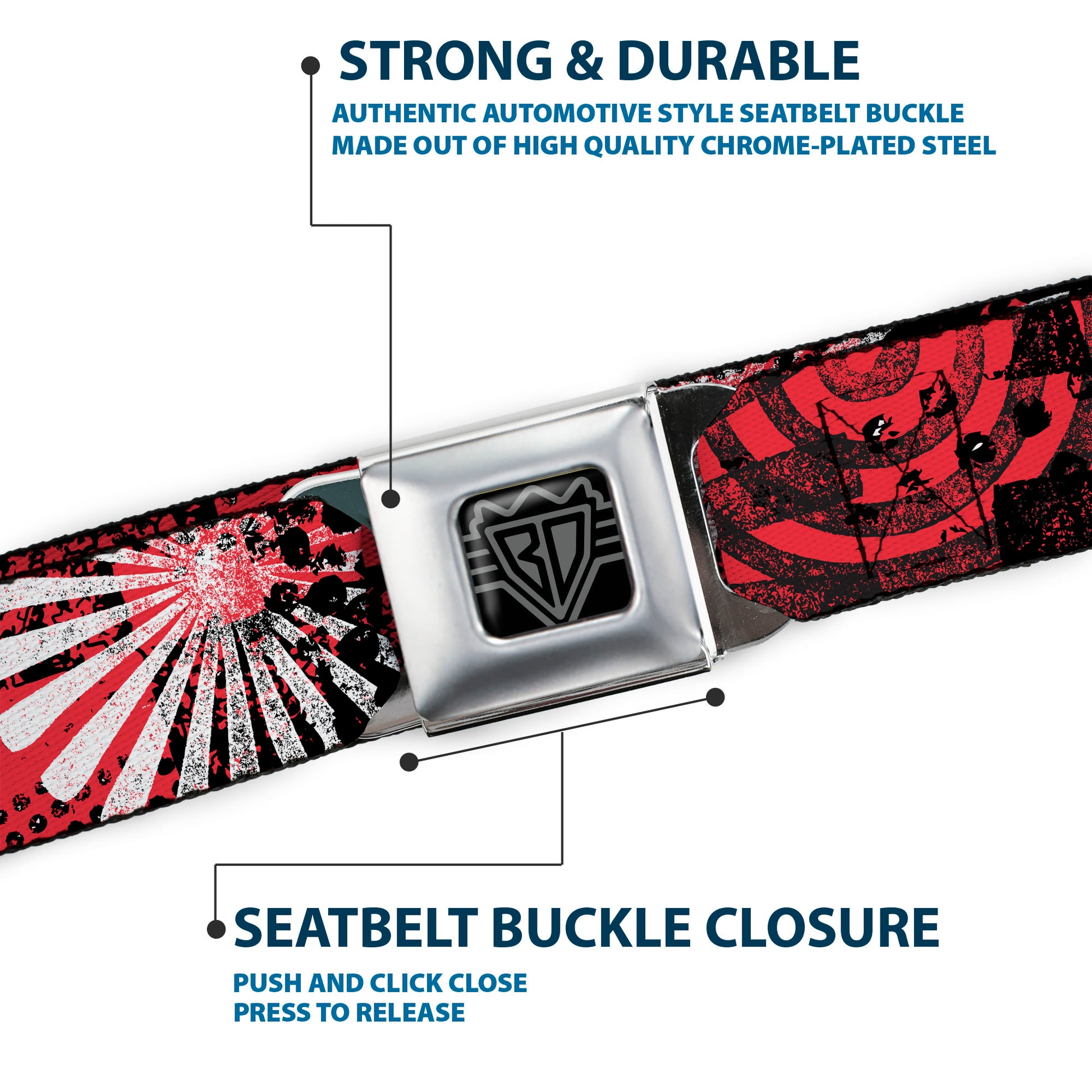 BD Wings Logo CLOSE-UP Full Color Black Silver Seatbelt Belt - Grunge Chaos Red Webbing Seatbelt Belts Buckle-Down