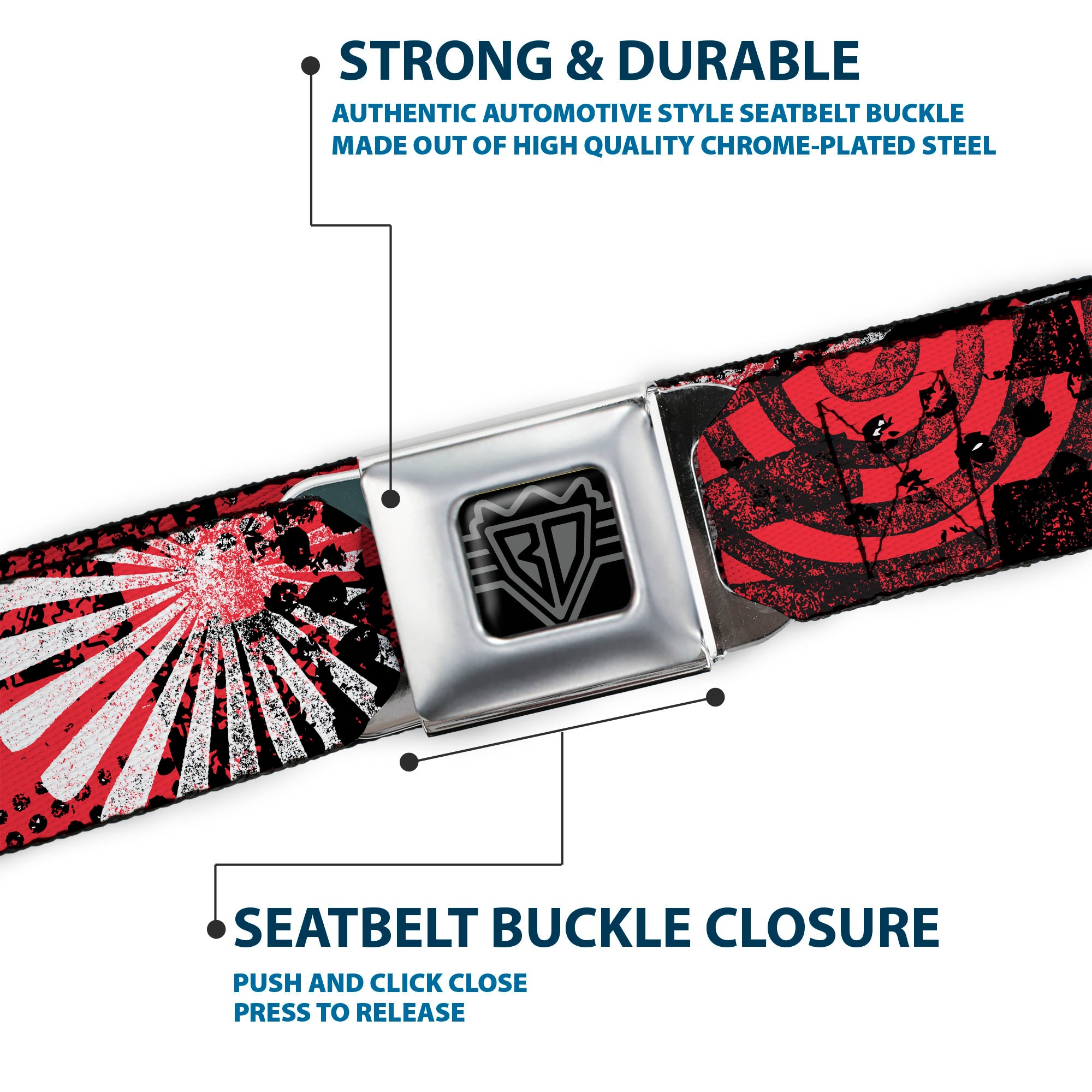 BD Wings Logo CLOSE-UP Full Color Black Silver Seatbelt Belt - Grunge Chaos Red Webbing Seatbelt Belts Buckle-Down
