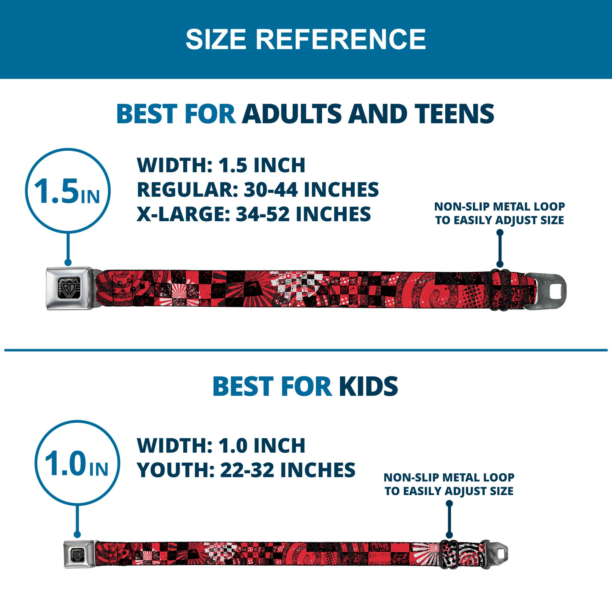 BD Wings Logo CLOSE-UP Full Color Black Silver Seatbelt Belt - Grunge Chaos Red Webbing Seatbelt Belts Buckle-Down