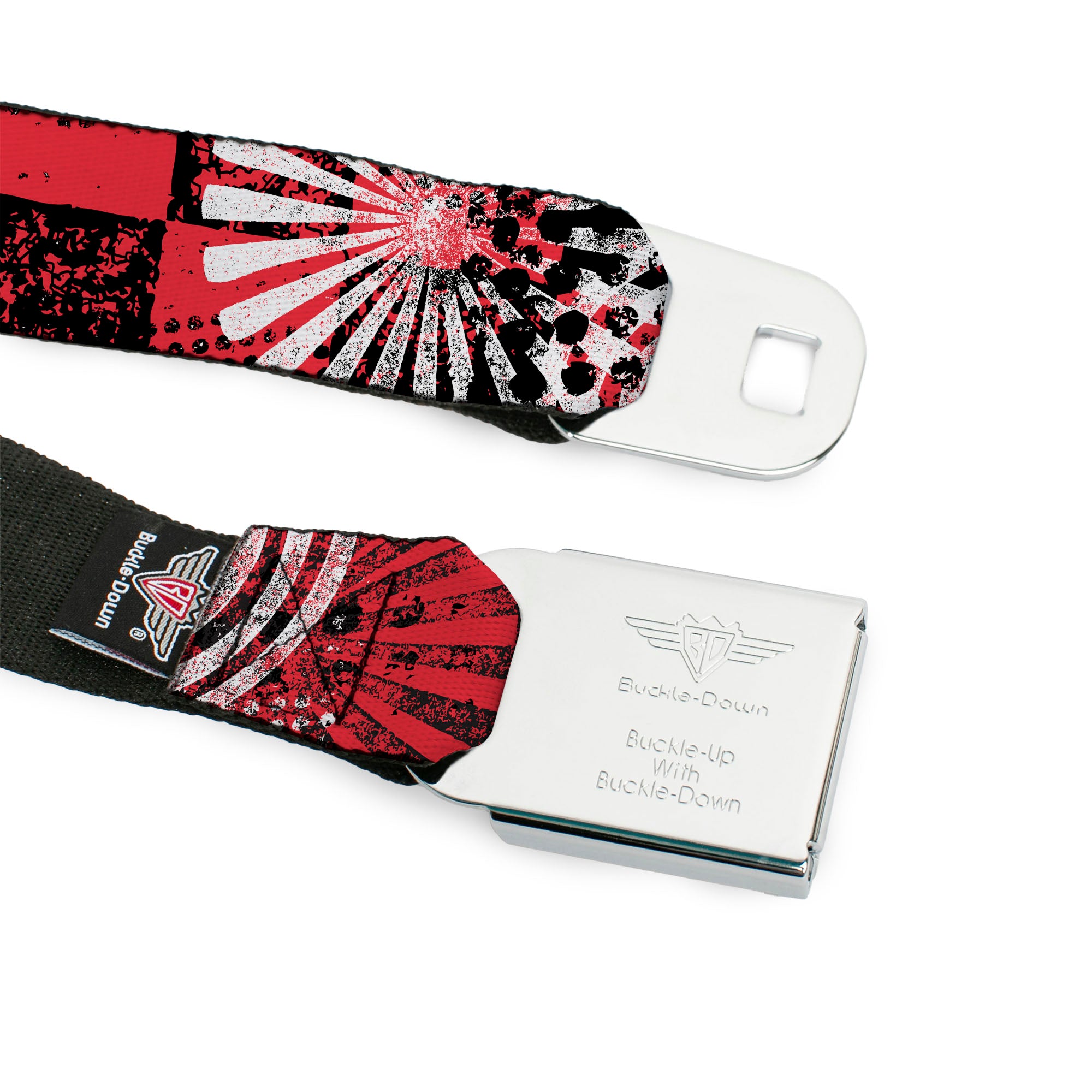 BD Wings Logo CLOSE-UP Full Color Black Silver Seatbelt Belt - Grunge Chaos Red Webbing Seatbelt Belts Buckle-Down