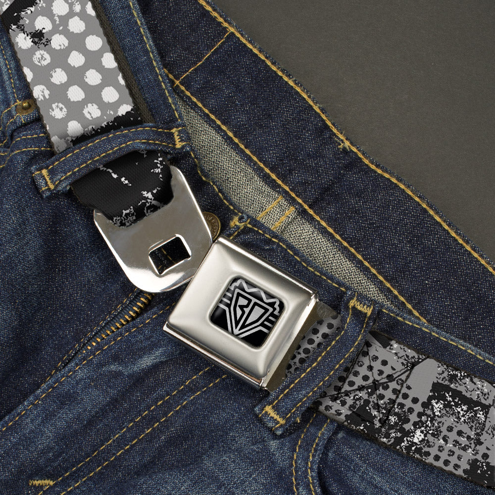 BD Wings Logo CLOSE-UP Full Color Black Silver Seatbelt Belt - Grunge Checker Flag Black/White Webbing Seatbelt Belts Buckle-Down
