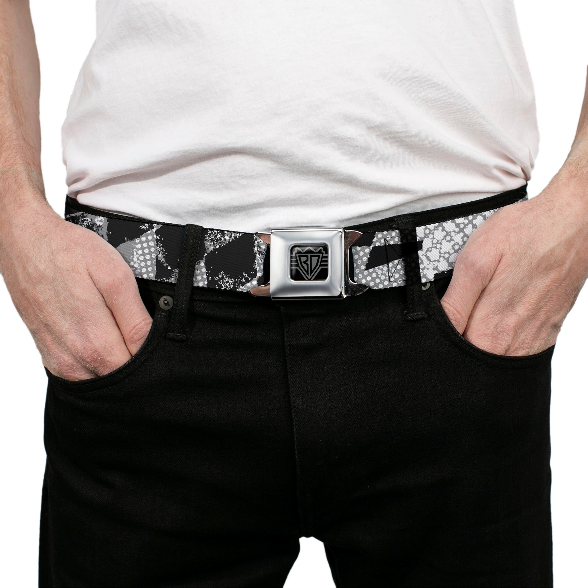 BD Wings Logo CLOSE-UP Full Color Black Silver Seatbelt Belt - Grunge Checker Flag Black/White Webbing Seatbelt Belts Buckle-Down