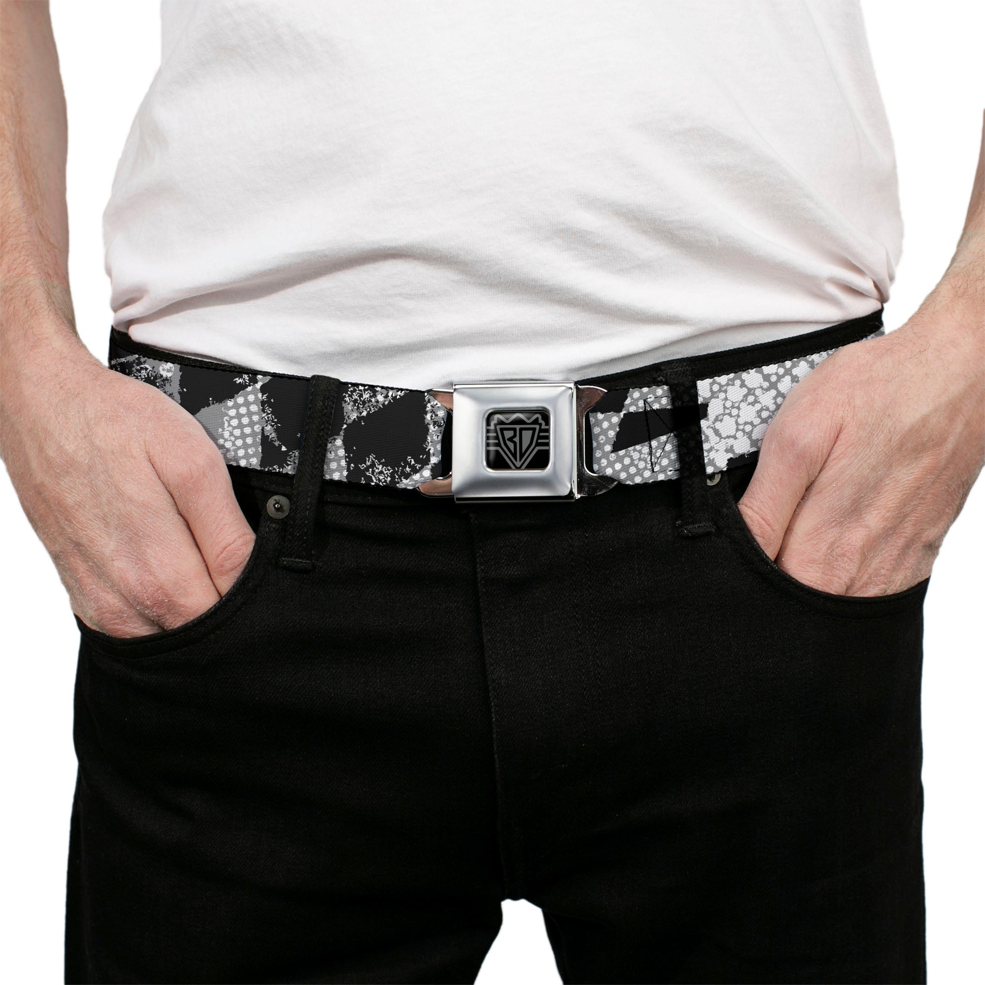 BD Wings Logo CLOSE-UP Full Color Black Silver Seatbelt Belt - Grunge Checker Flag Black/White Webbing Seatbelt Belts Buckle-Down