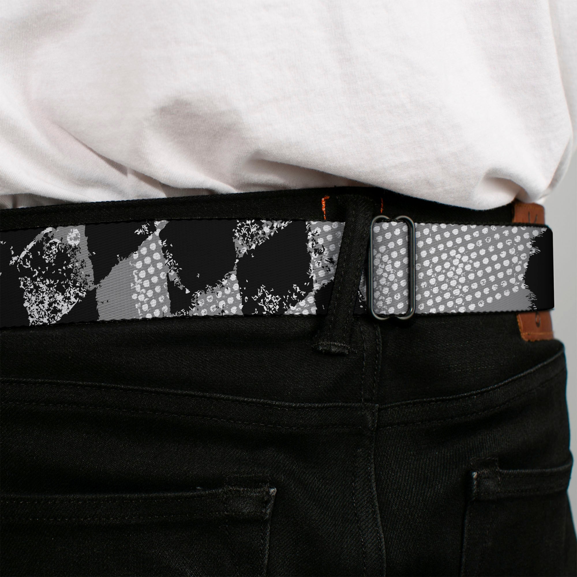 BD Wings Logo CLOSE-UP Full Color Black Silver Seatbelt Belt - Grunge Checker Flag Black/White Webbing Seatbelt Belts Buckle-Down