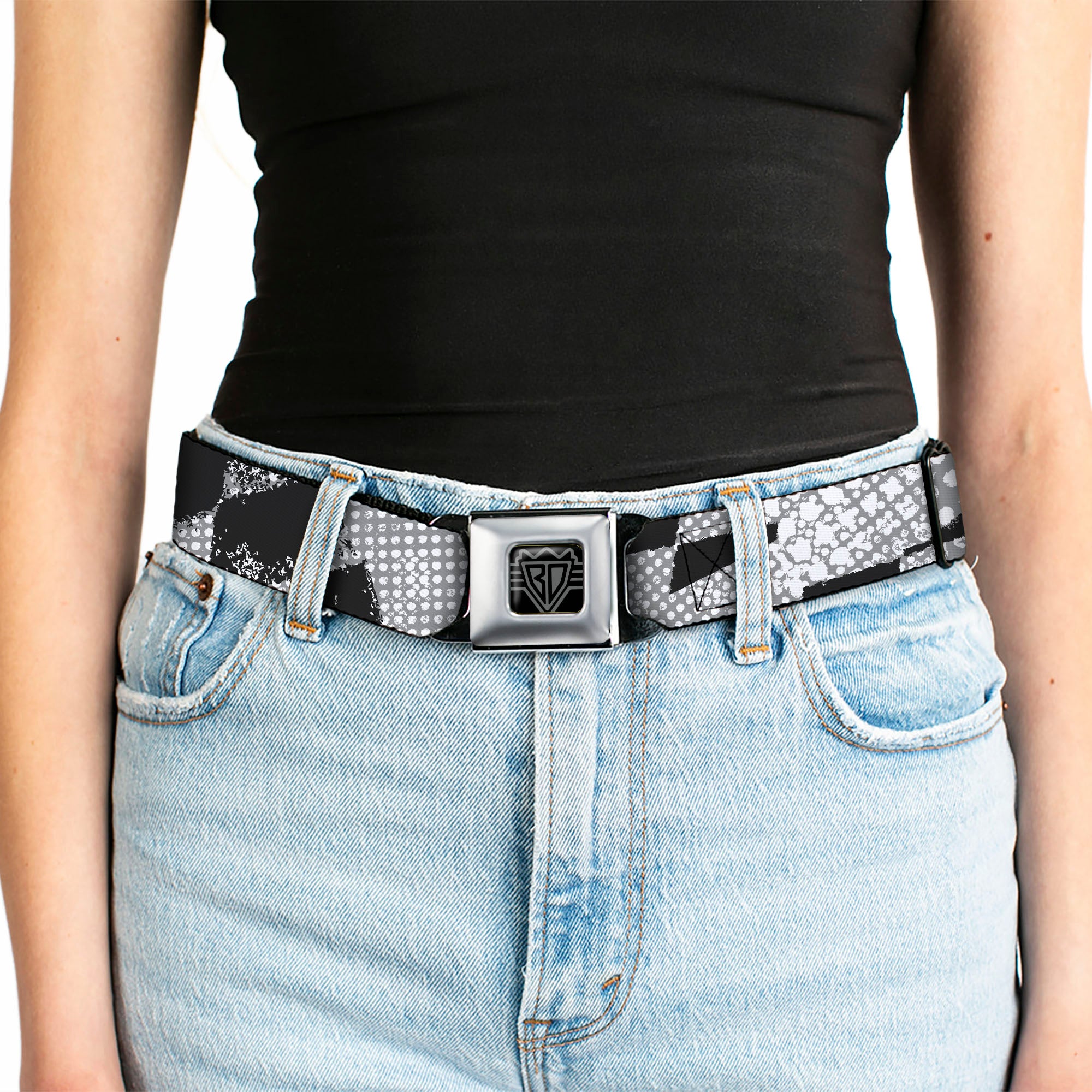 BD Wings Logo CLOSE-UP Full Color Black Silver Seatbelt Belt - Grunge Checker Flag Black/White Webbing Seatbelt Belts Buckle-Down
