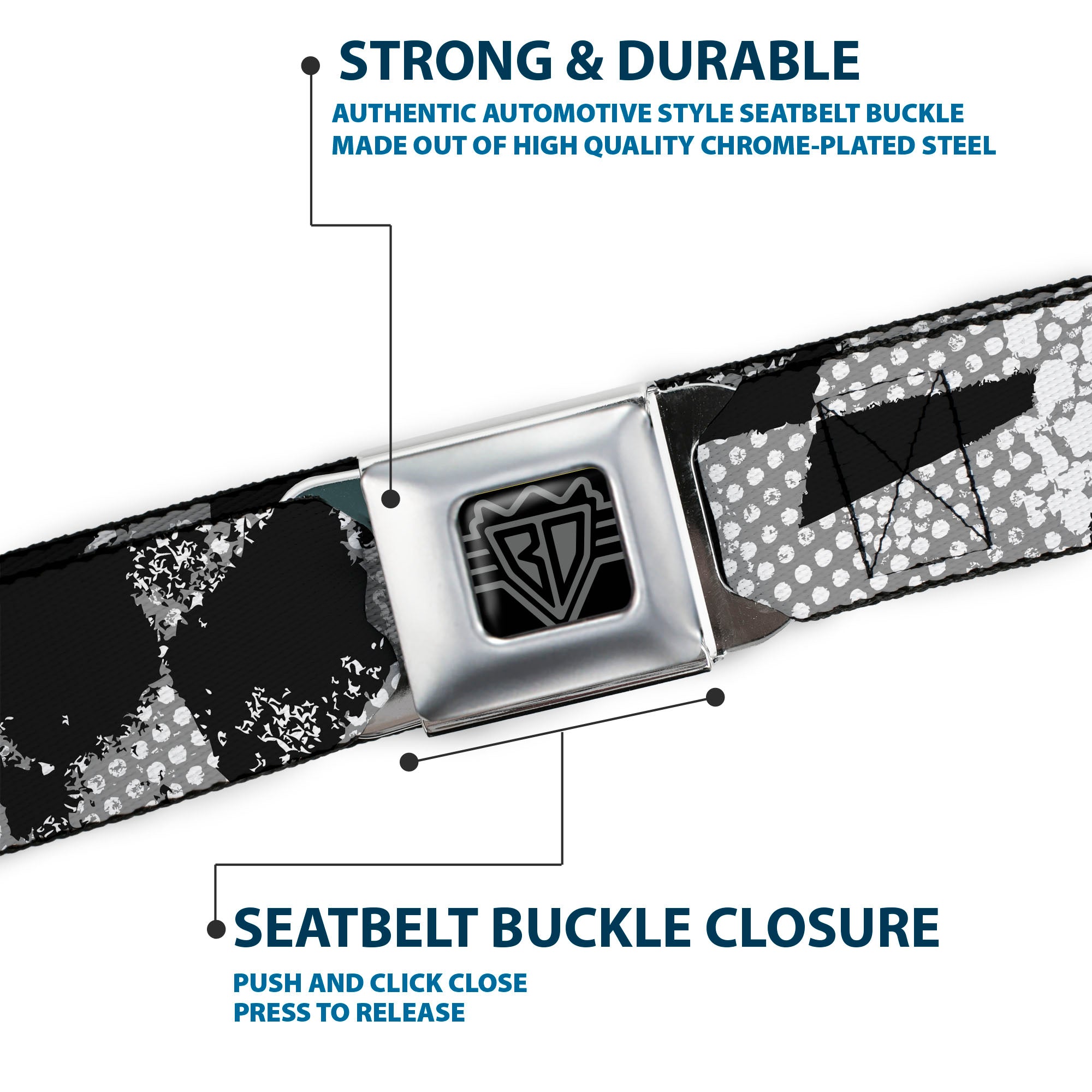 BD Wings Logo CLOSE-UP Full Color Black Silver Seatbelt Belt - Grunge Checker Flag Black/White Webbing Seatbelt Belts Buckle-Down