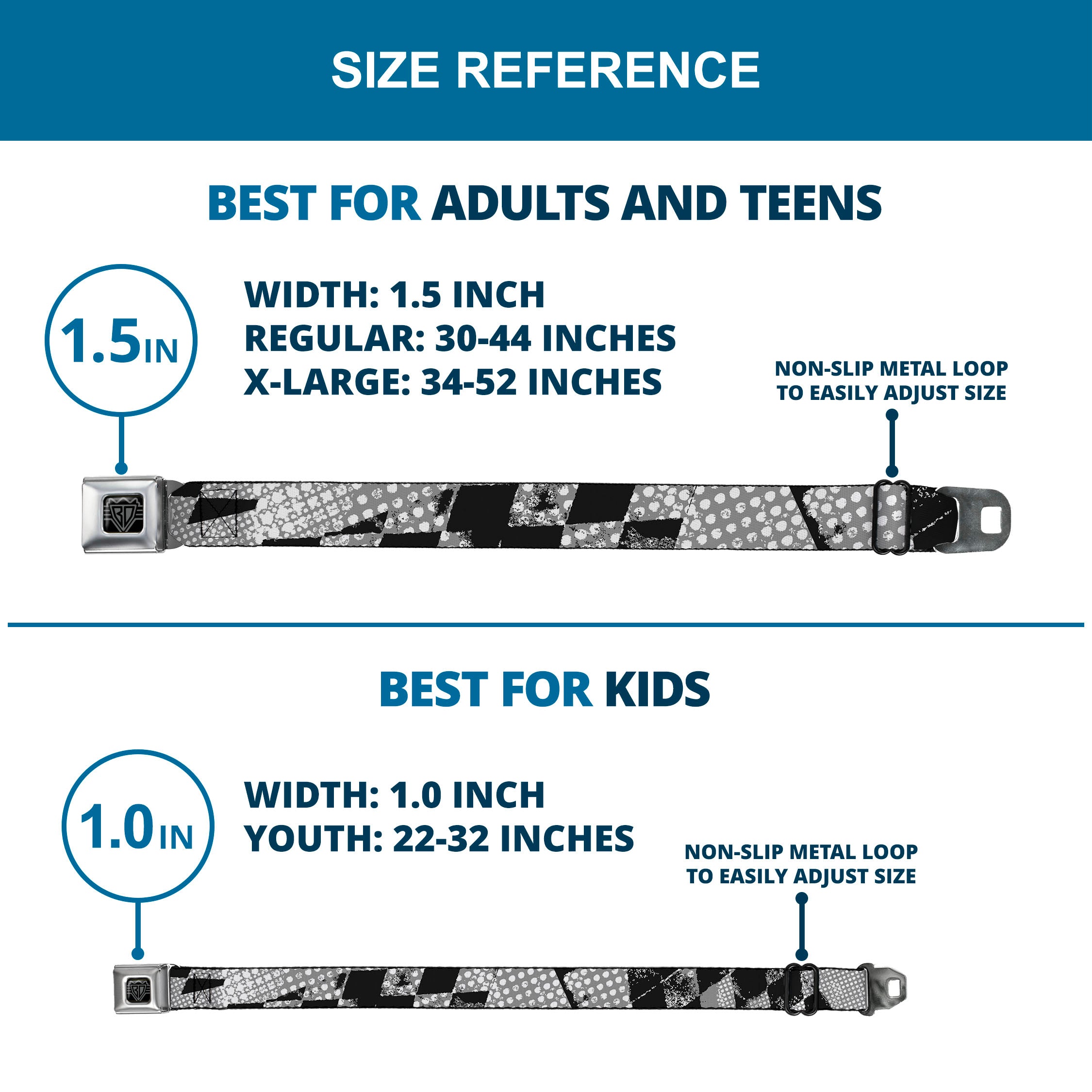 BD Wings Logo CLOSE-UP Full Color Black Silver Seatbelt Belt - Grunge Checker Flag Black/White Webbing Seatbelt Belts Buckle-Down