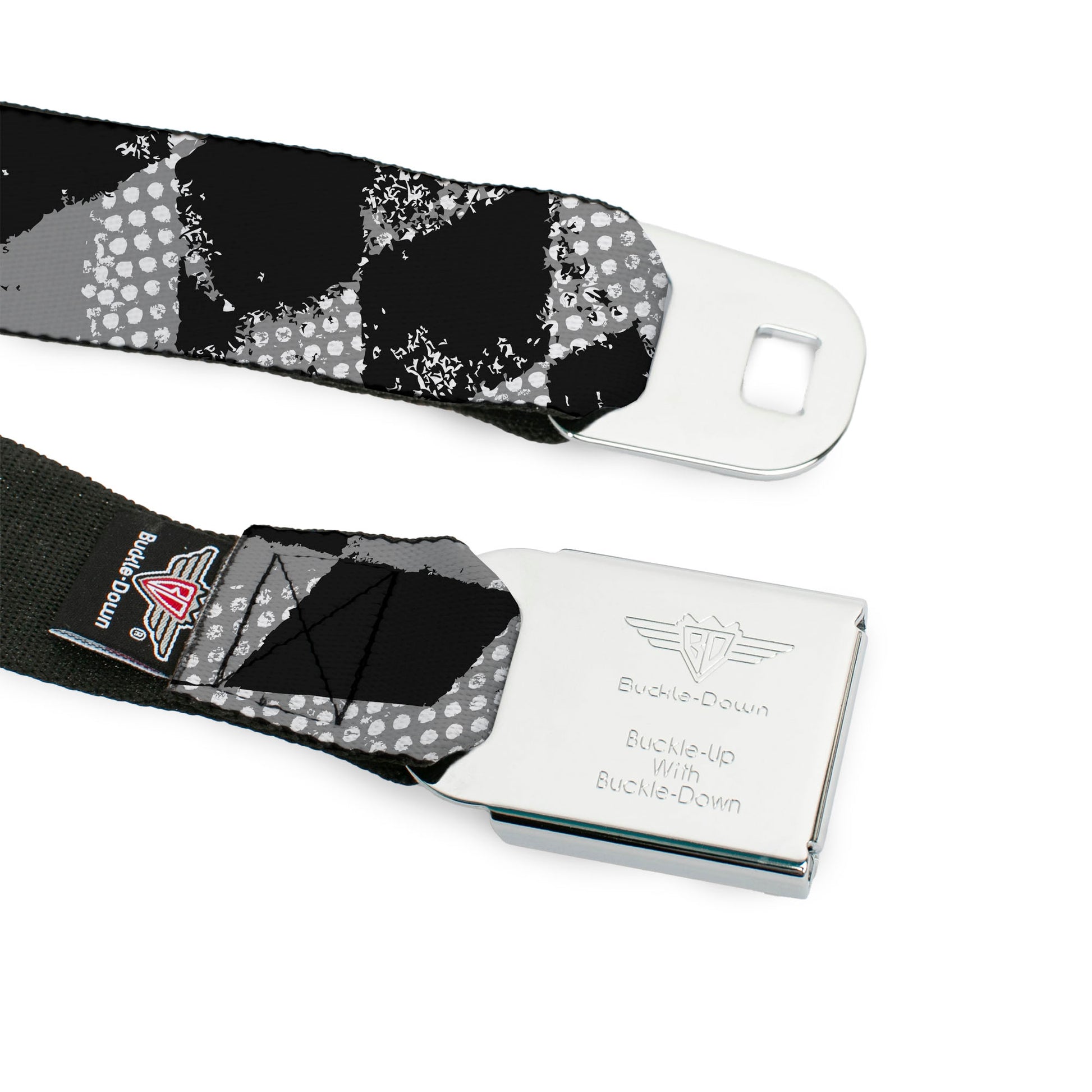 BD Wings Logo CLOSE-UP Full Color Black Silver Seatbelt Belt - Grunge Checker Flag Black/White Webbing Seatbelt Belts Buckle-Down