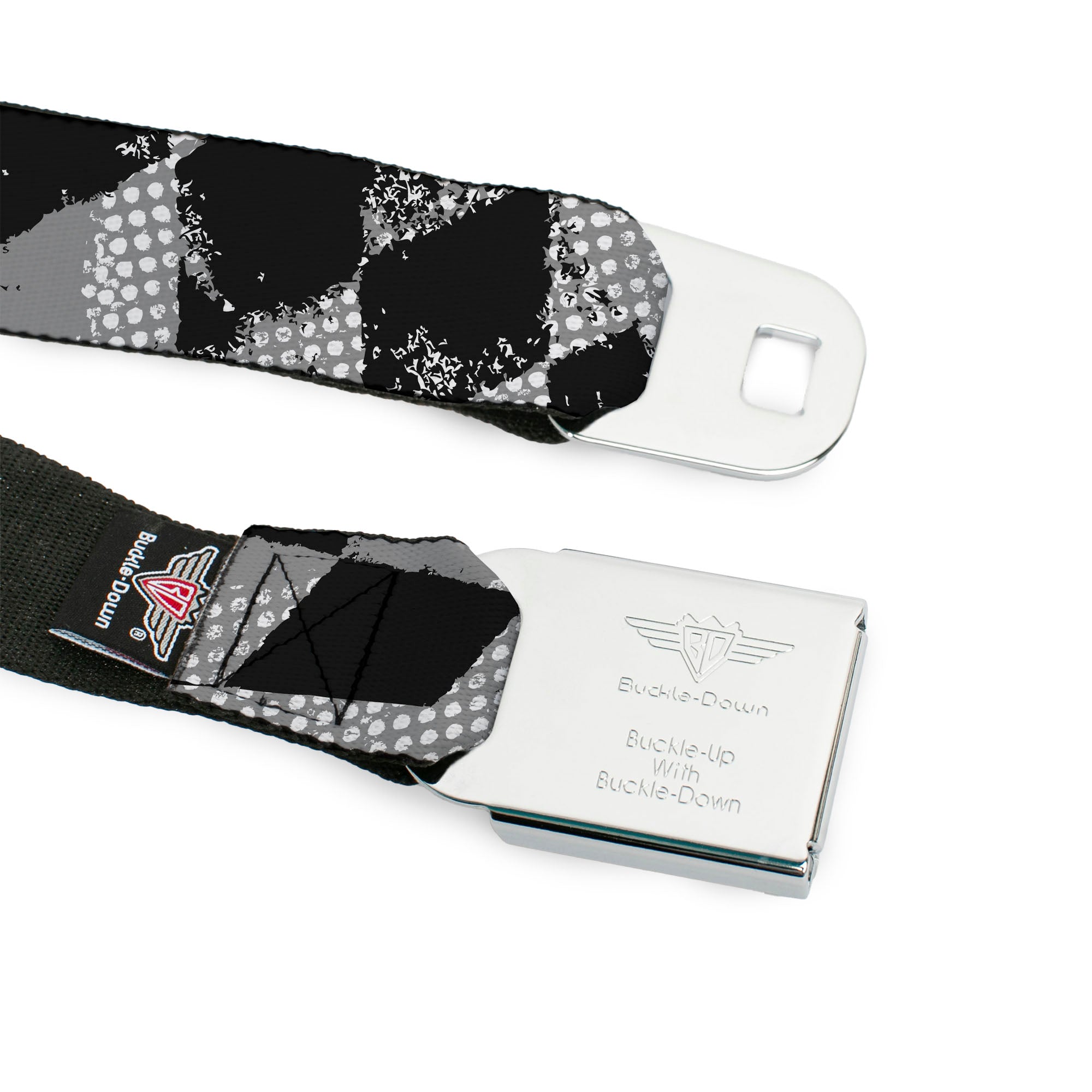 BD Wings Logo CLOSE-UP Full Color Black Silver Seatbelt Belt - Grunge Checker Flag Black/White Webbing Seatbelt Belts Buckle-Down