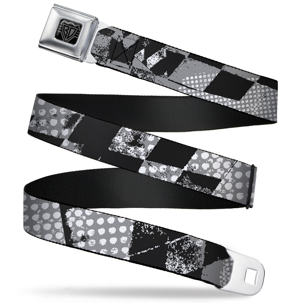 BD Wings Logo CLOSE-UP Full Color Black Silver Seatbelt Belt - Grunge Checker Flag Black/White Webbing Seatbelt Belts Buckle-Down