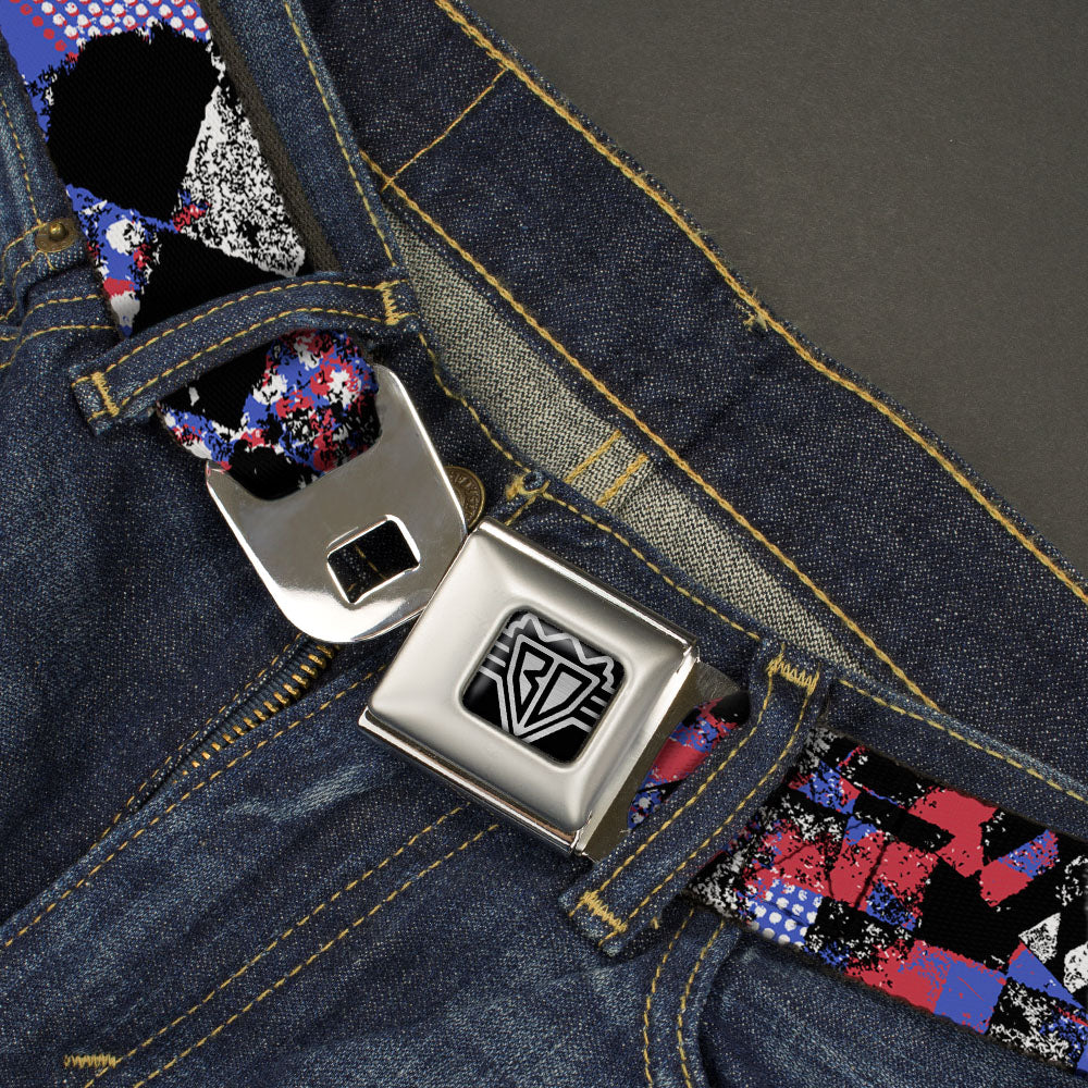 BD Wings Logo CLOSE-UP Full Color Black Silver Seatbelt Belt - Grunge Checker Flag Blue/Red Webbing Seatbelt Belts Buckle-Down