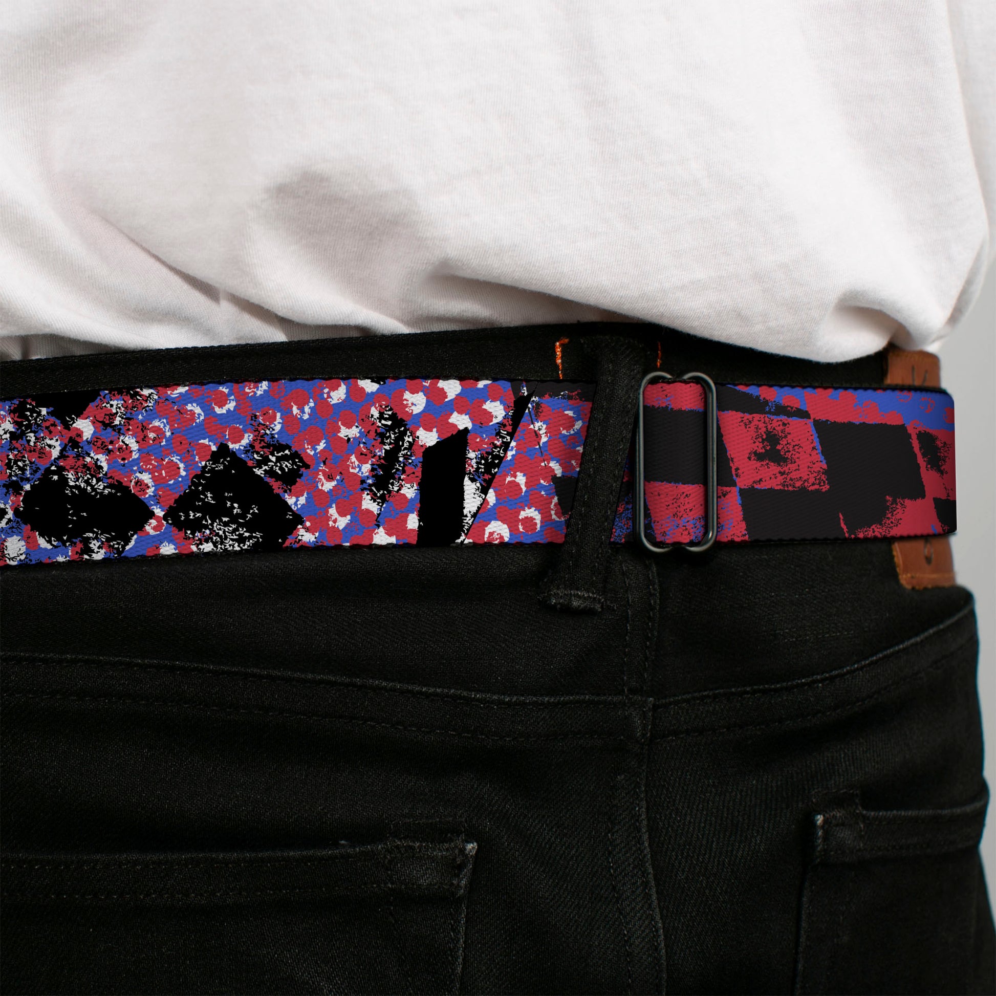 BD Wings Logo CLOSE-UP Full Color Black Silver Seatbelt Belt - Grunge Checker Flag Blue/Red Webbing Seatbelt Belts Buckle-Down