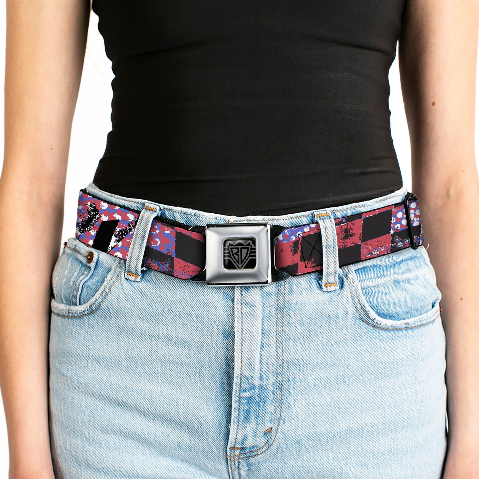 BD Wings Logo CLOSE-UP Full Color Black Silver Seatbelt Belt - Grunge Checker Flag Blue/Red Webbing Seatbelt Belts Buckle-Down