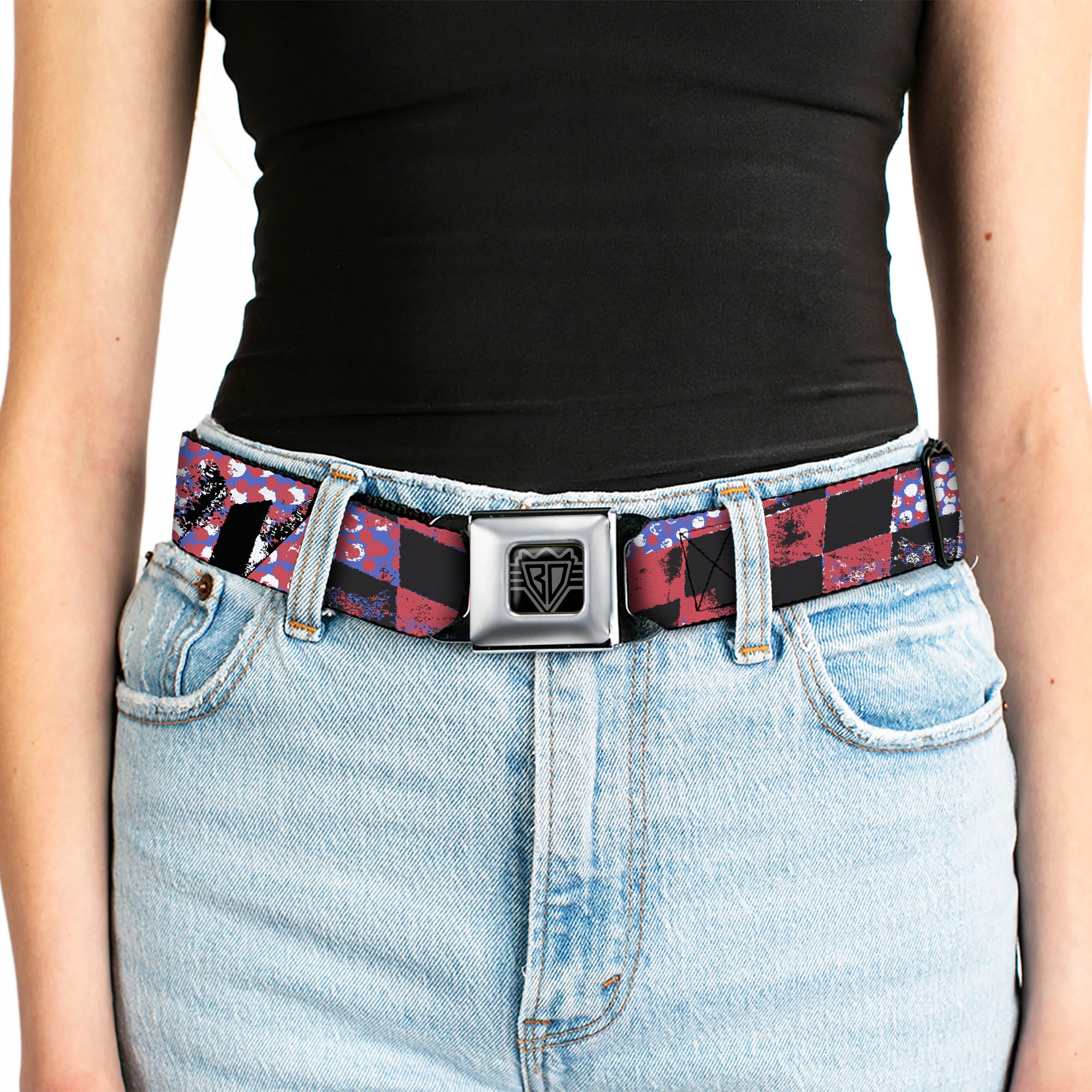 BD Wings Logo CLOSE-UP Full Color Black Silver Seatbelt Belt - Grunge Checker Flag Blue/Red Webbing Seatbelt Belts Buckle-Down