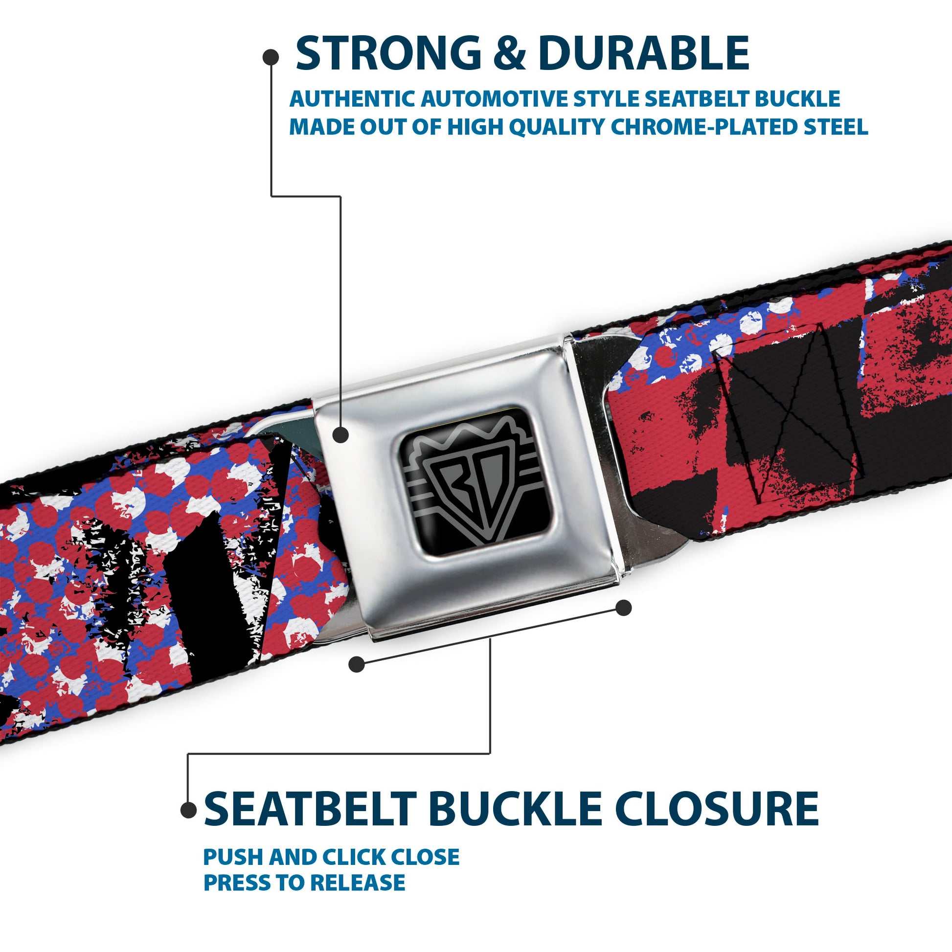 BD Wings Logo CLOSE-UP Full Color Black Silver Seatbelt Belt - Grunge Checker Flag Blue/Red Webbing Seatbelt Belts Buckle-Down
