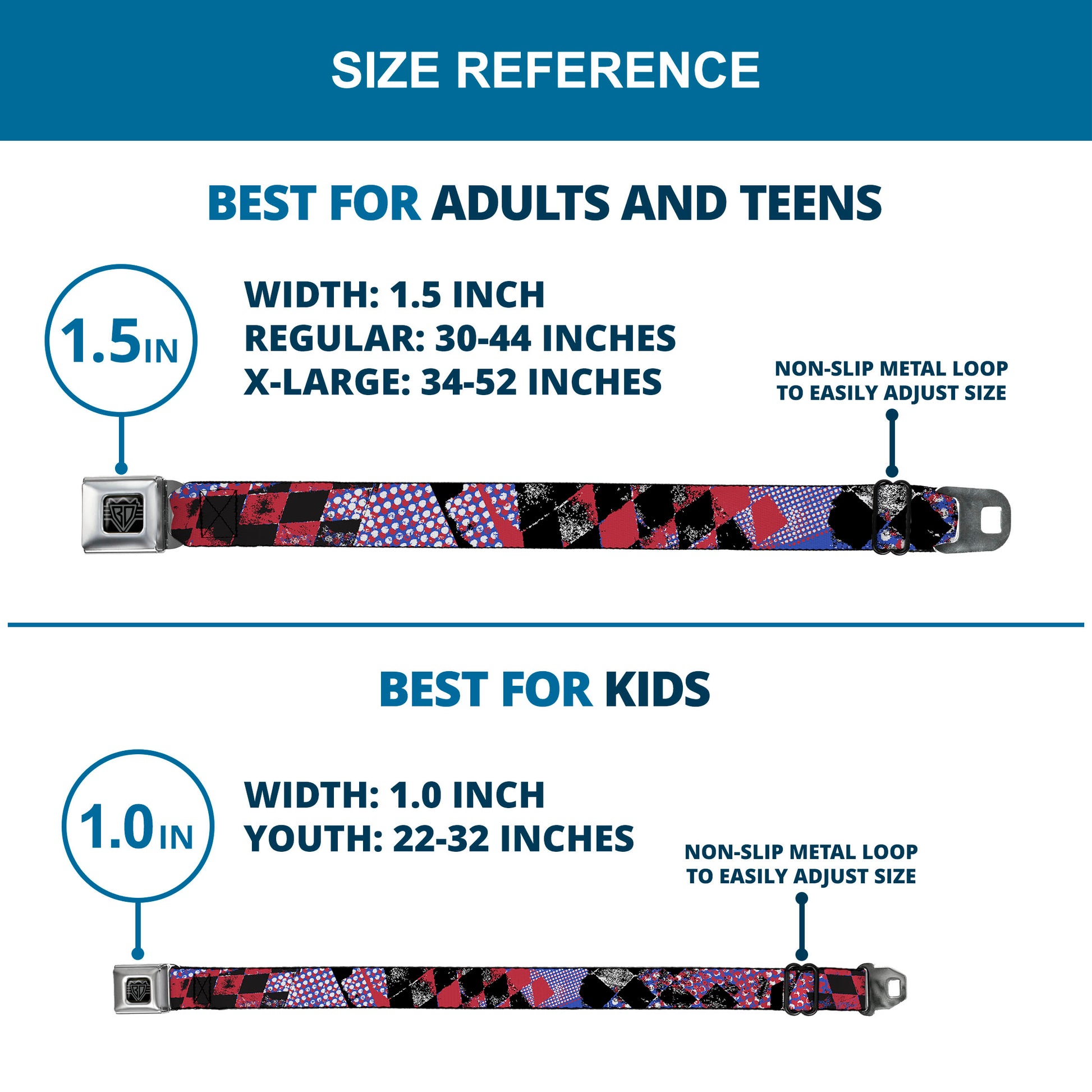 BD Wings Logo CLOSE-UP Full Color Black Silver Seatbelt Belt - Grunge Checker Flag Blue/Red Webbing Seatbelt Belts Buckle-Down