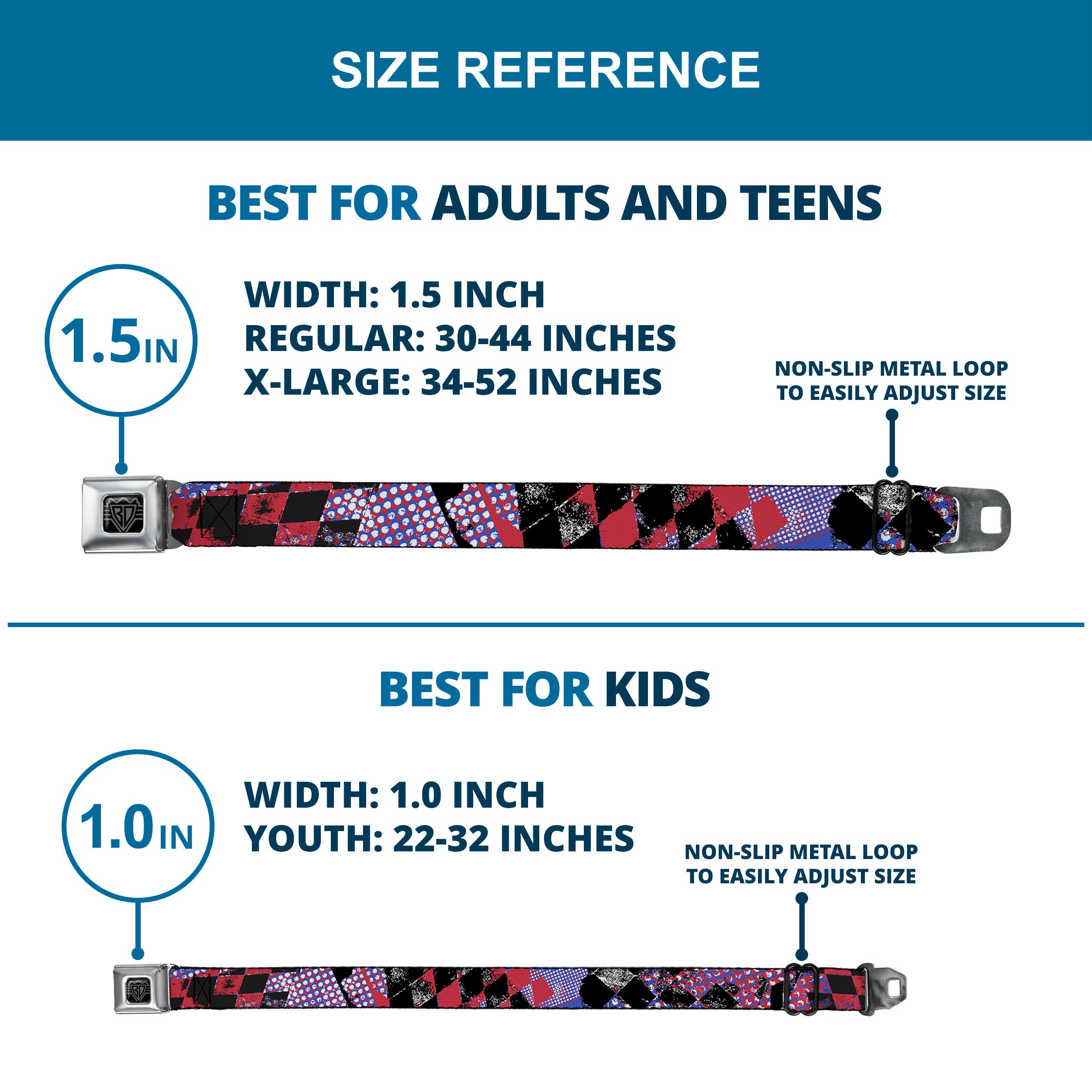 BD Wings Logo CLOSE-UP Full Color Black Silver Seatbelt Belt - Grunge Checker Flag Blue/Red Webbing Seatbelt Belts Buckle-Down