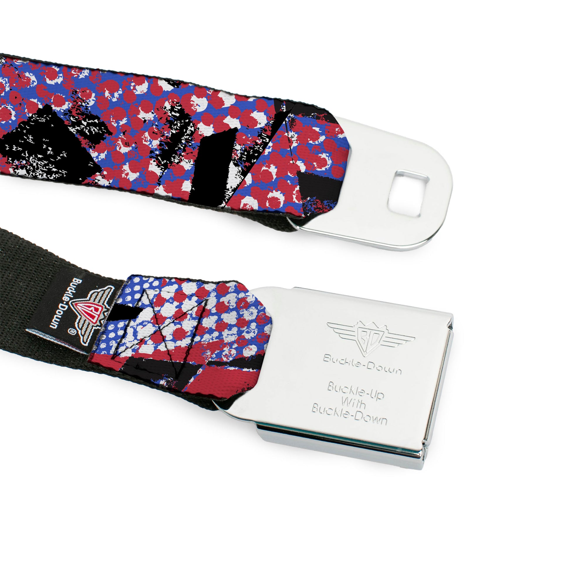 BD Wings Logo CLOSE-UP Full Color Black Silver Seatbelt Belt - Grunge Checker Flag Blue/Red Webbing Seatbelt Belts Buckle-Down
