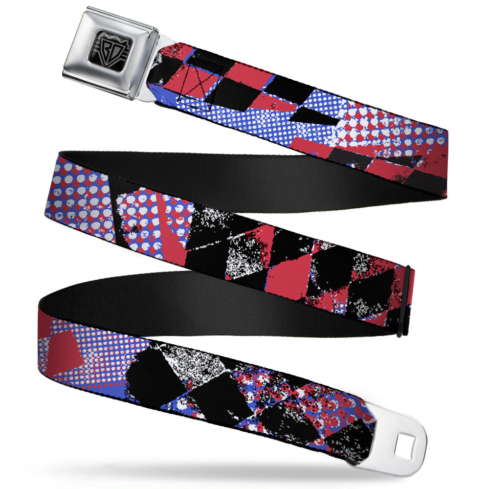 BD Wings Logo CLOSE-UP Full Color Black Silver Seatbelt Belt - Grunge Checker Flag Blue/Red Webbing Seatbelt Belts Buckle-Down