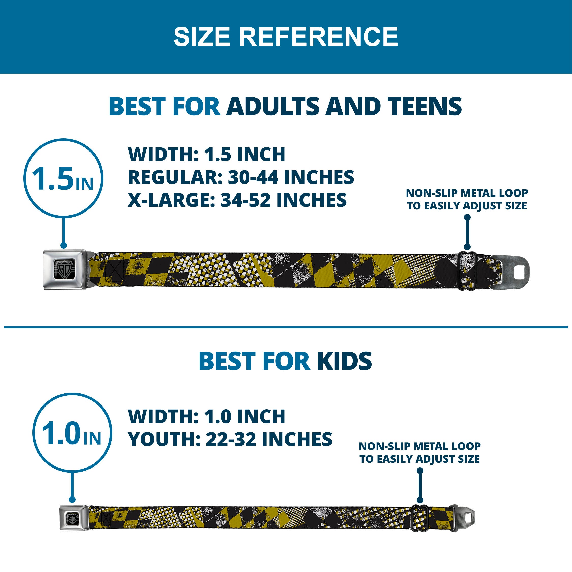 BD Wings Logo CLOSE-UP Full Color Black Silver Seatbelt Belt - Grunge Checker Flag Green Webbing Seatbelt Belts Buckle-Down