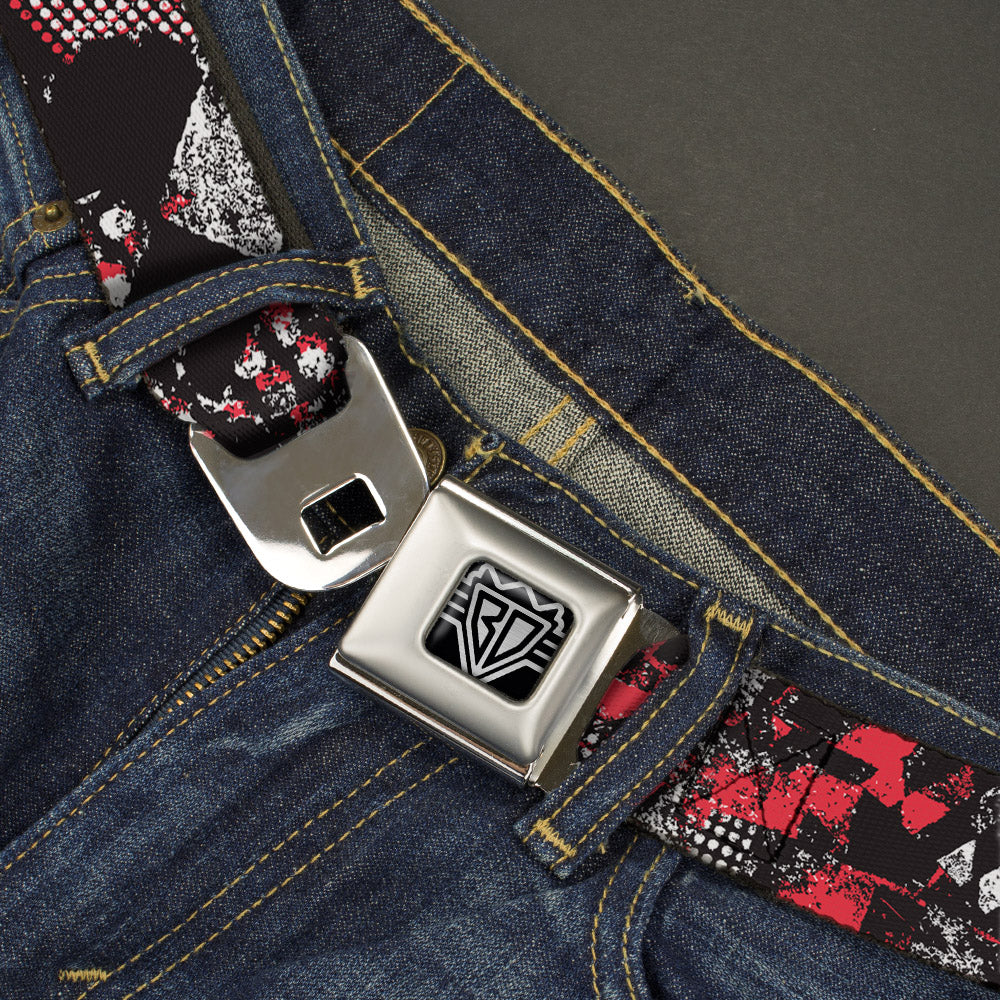 BD Wings Logo CLOSE-UP Full Color Black Silver Seatbelt Belt - Grunge Checker Flag Red Webbing Seatbelt Belts Buckle-Down
