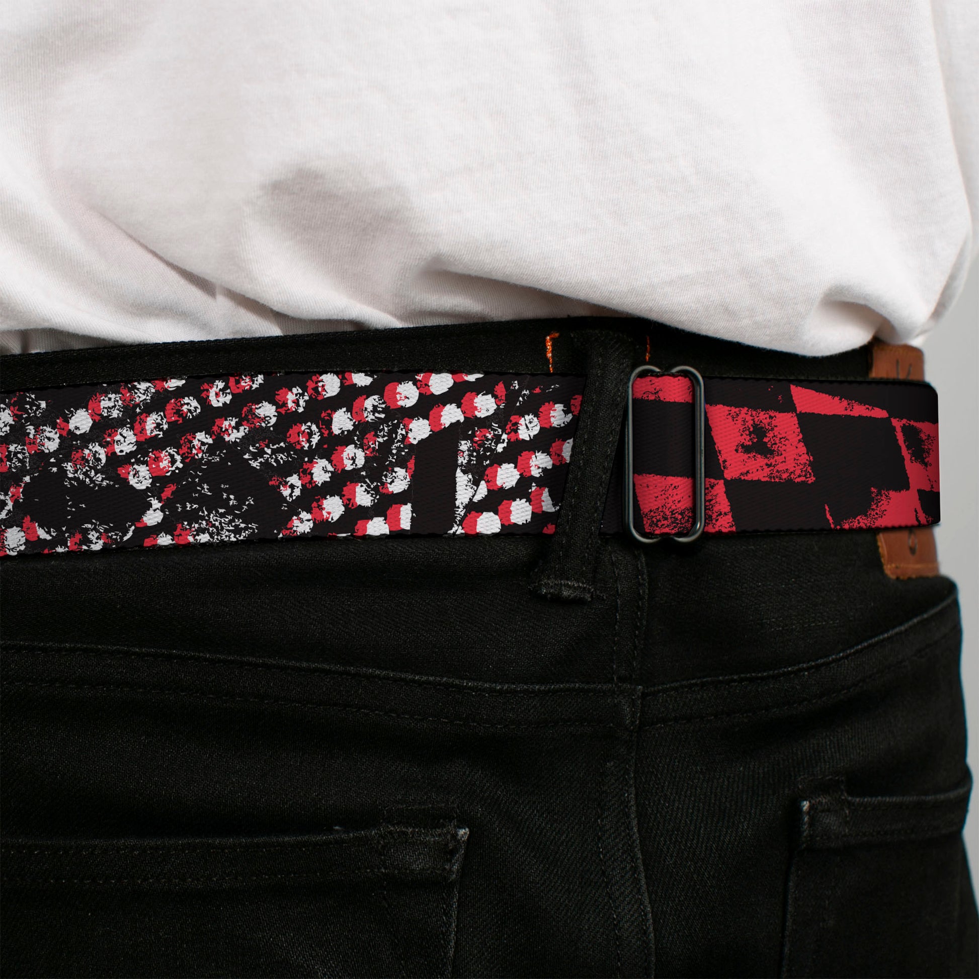 BD Wings Logo CLOSE-UP Full Color Black Silver Seatbelt Belt - Grunge Checker Flag Red Webbing Seatbelt Belts Buckle-Down