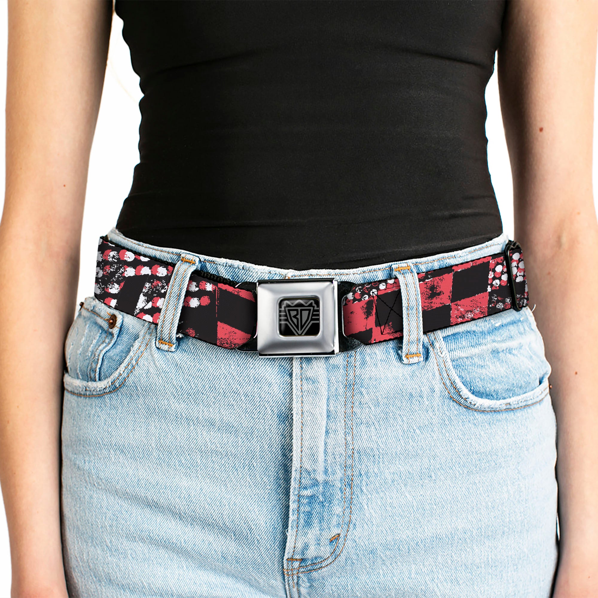 BD Wings Logo CLOSE-UP Full Color Black Silver Seatbelt Belt - Grunge Checker Flag Red Webbing Seatbelt Belts Buckle-Down