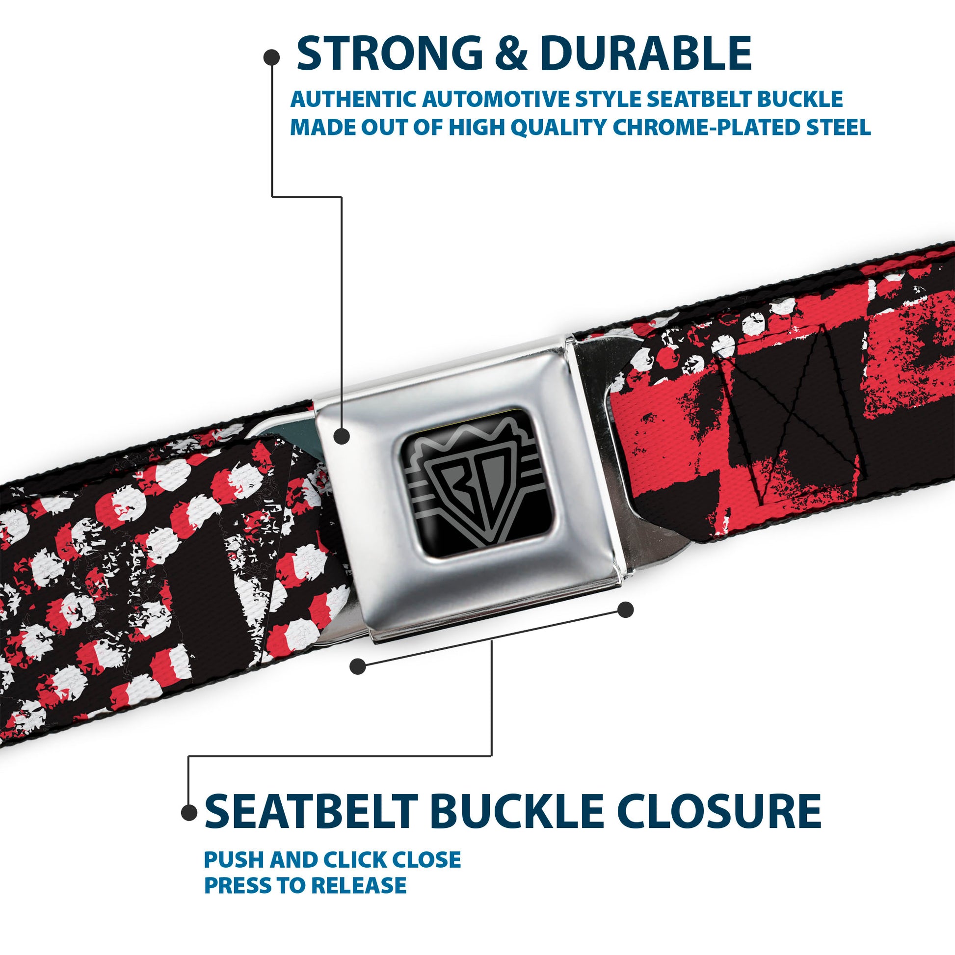 BD Wings Logo CLOSE-UP Full Color Black Silver Seatbelt Belt - Grunge Checker Flag Red Webbing Seatbelt Belts Buckle-Down