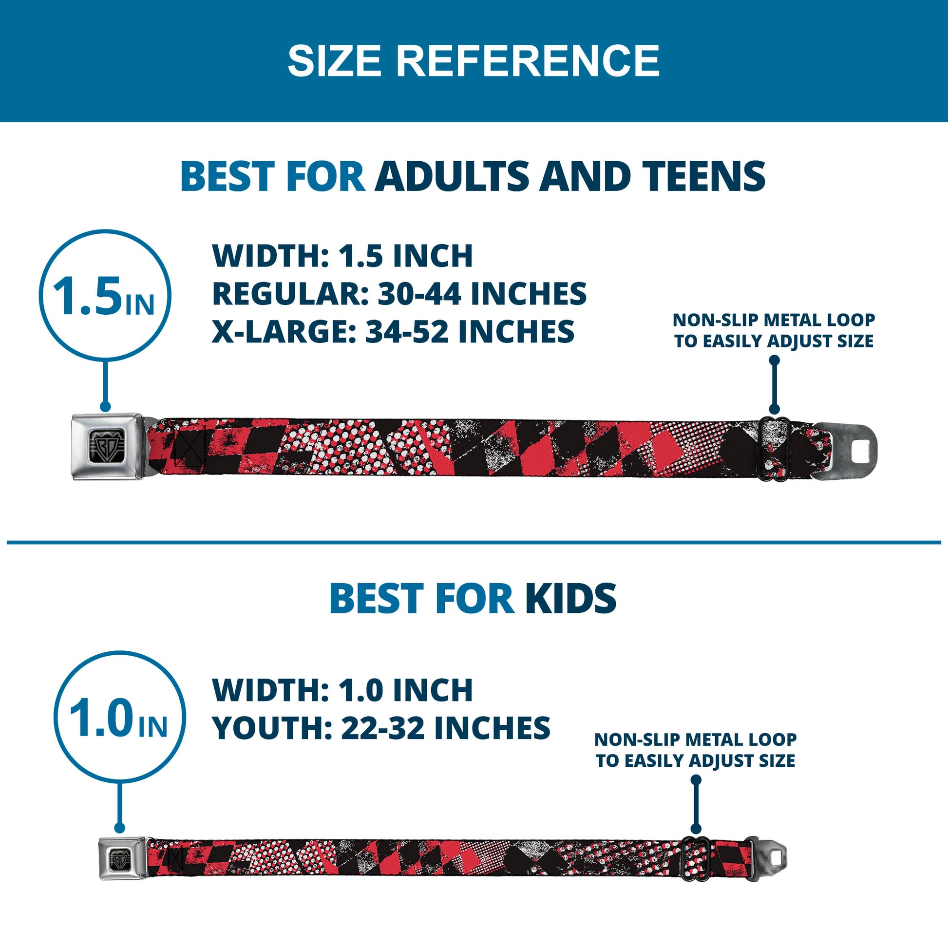 BD Wings Logo CLOSE-UP Full Color Black Silver Seatbelt Belt - Grunge Checker Flag Red Webbing Seatbelt Belts Buckle-Down