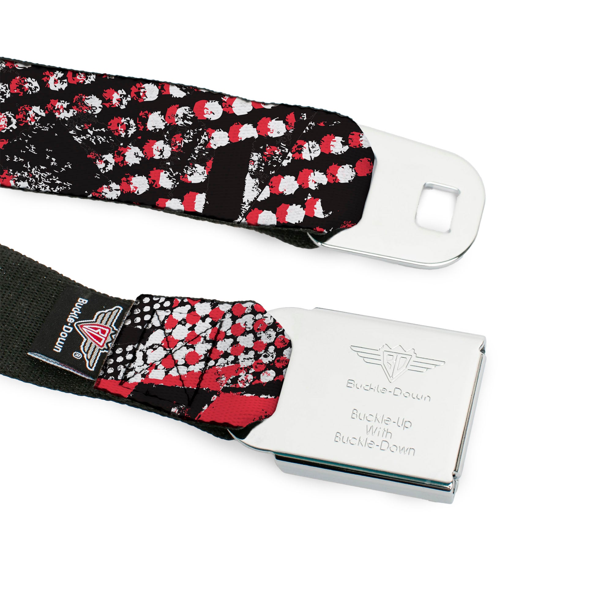 BD Wings Logo CLOSE-UP Full Color Black Silver Seatbelt Belt - Grunge Checker Flag Red Webbing Seatbelt Belts Buckle-Down