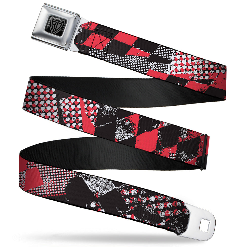 BD Wings Logo CLOSE-UP Full Color Black Silver Seatbelt Belt - Grunge Checker Flag Red Webbing Seatbelt Belts Buckle-Down