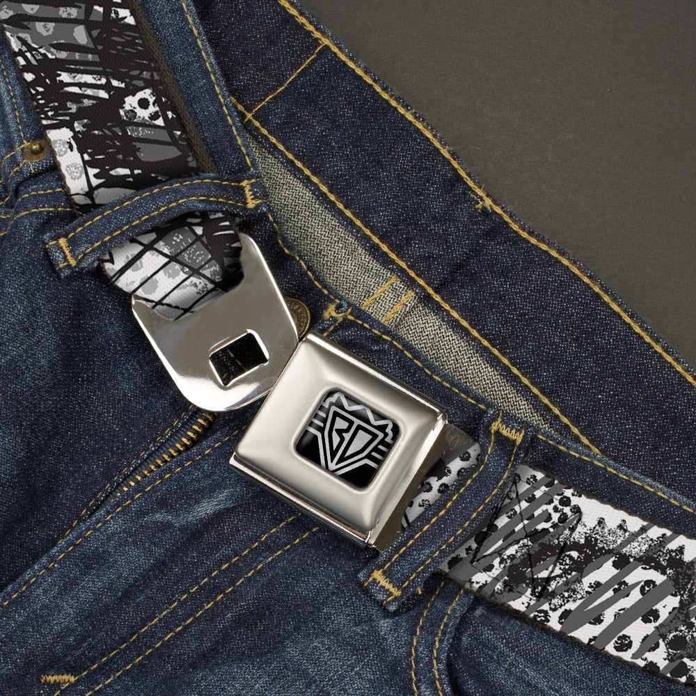 BD Wings Logo CLOSE-UP Full Color Black Silver Seatbelt Belt - Grunge Gears Black/White Webbing Seatbelt Belts Buckle-Down
