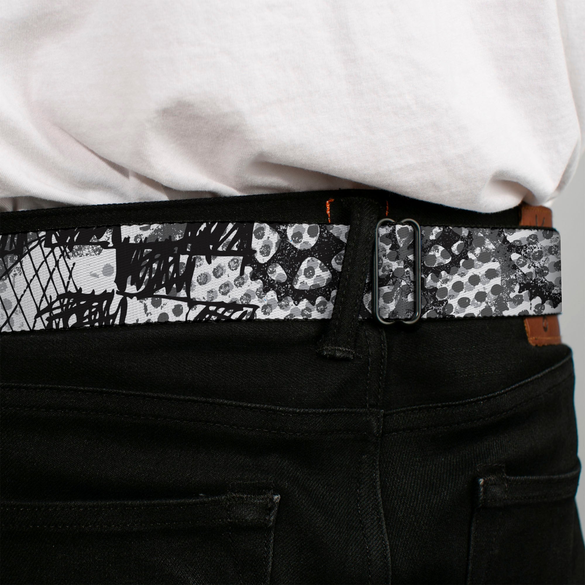 BD Wings Logo CLOSE-UP Full Color Black Silver Seatbelt Belt - Grunge Gears Black/White Webbing Seatbelt Belts Buckle-Down