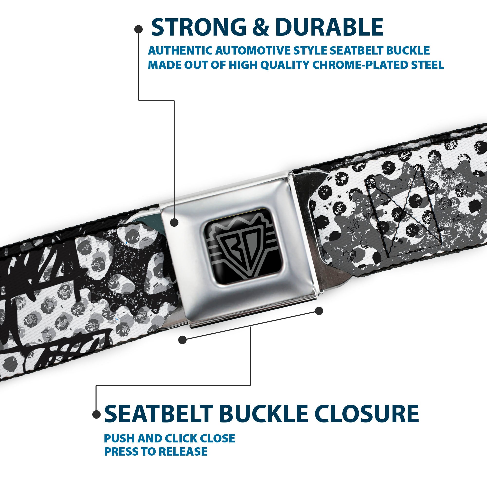 BD Wings Logo CLOSE-UP Full Color Black Silver Seatbelt Belt - Grunge Gears Black/White Webbing Seatbelt Belts Buckle-Down