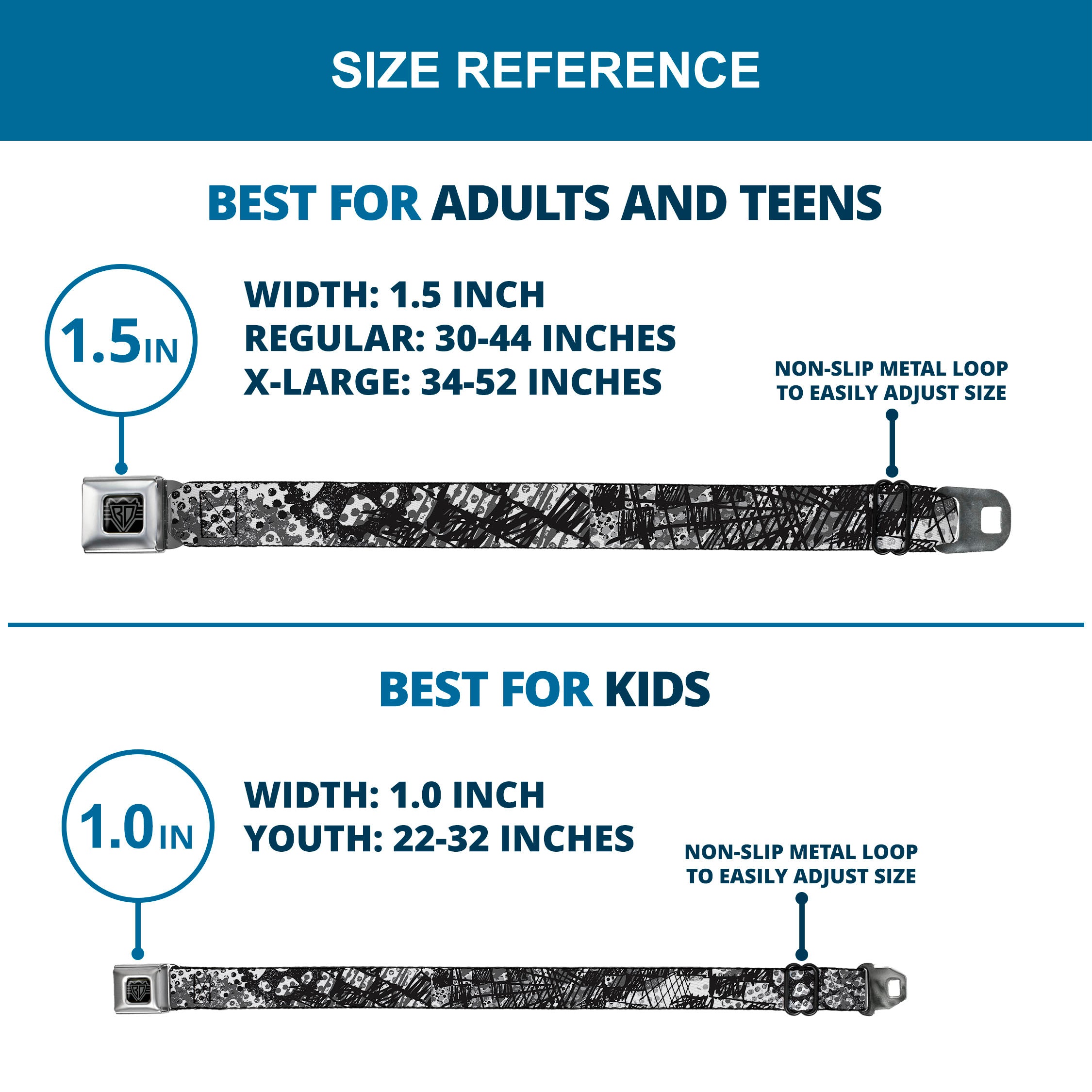 BD Wings Logo CLOSE-UP Full Color Black Silver Seatbelt Belt - Grunge Gears Black/White Webbing Seatbelt Belts Buckle-Down