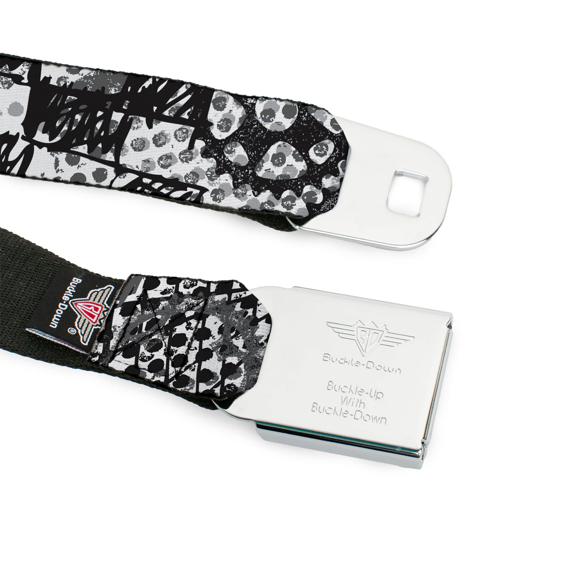 BD Wings Logo CLOSE-UP Full Color Black Silver Seatbelt Belt - Grunge Gears Black/White Webbing Seatbelt Belts Buckle-Down