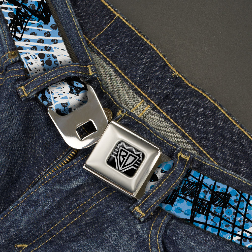 BD Wings Logo CLOSE-UP Full Color Black Silver Seatbelt Belt - Grunge Gears Blue Webbing Seatbelt Belts Buckle-Down