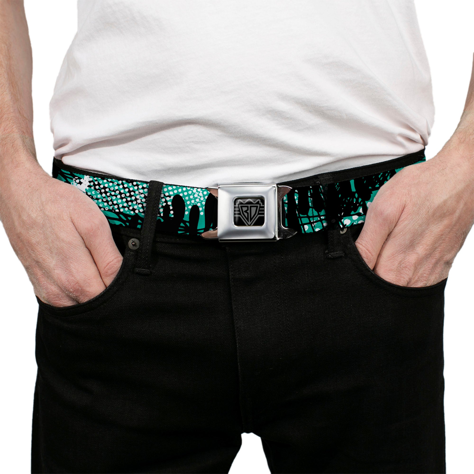 BD Wings Logo CLOSE-UP Full Color Black Silver Seatbelt Belt - Grunge Gears Green Webbing Seatbelt Belts Buckle-Down