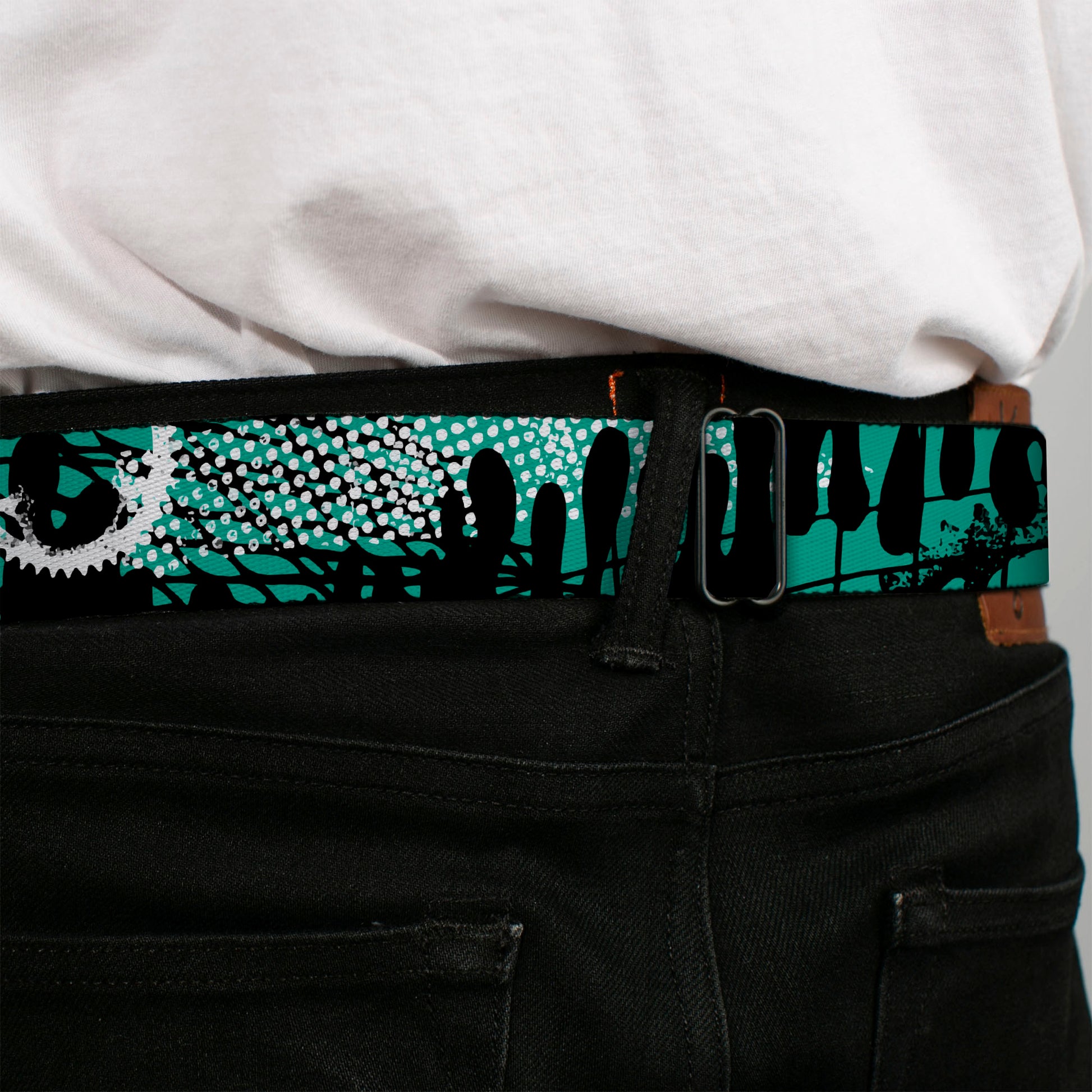 BD Wings Logo CLOSE-UP Full Color Black Silver Seatbelt Belt - Grunge Gears Green Webbing Seatbelt Belts Buckle-Down