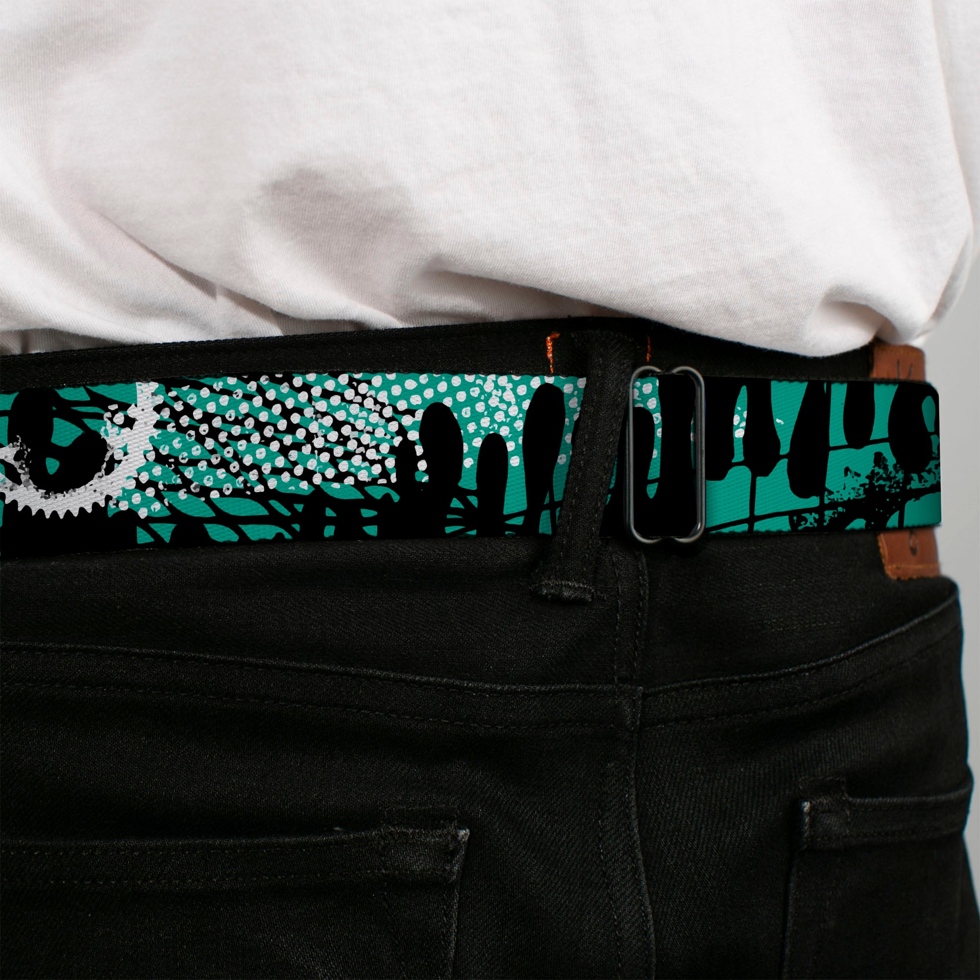 BD Wings Logo CLOSE-UP Full Color Black Silver Seatbelt Belt - Grunge Gears Green Webbing Seatbelt Belts Buckle-Down