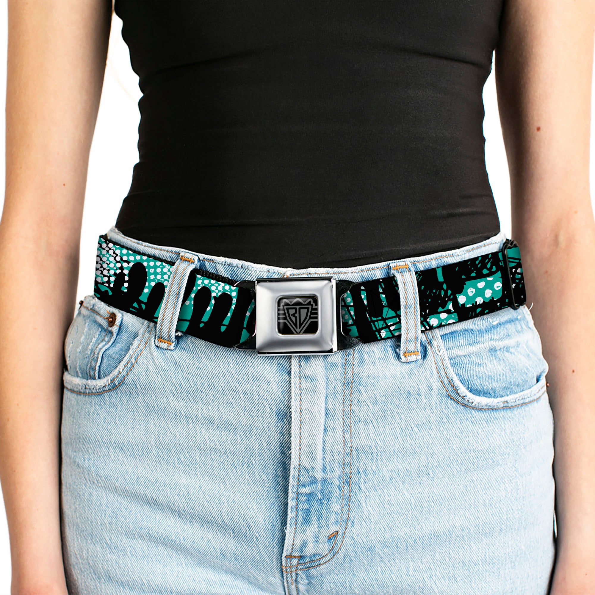BD Wings Logo CLOSE-UP Full Color Black Silver Seatbelt Belt - Grunge Gears Green Webbing Seatbelt Belts Buckle-Down