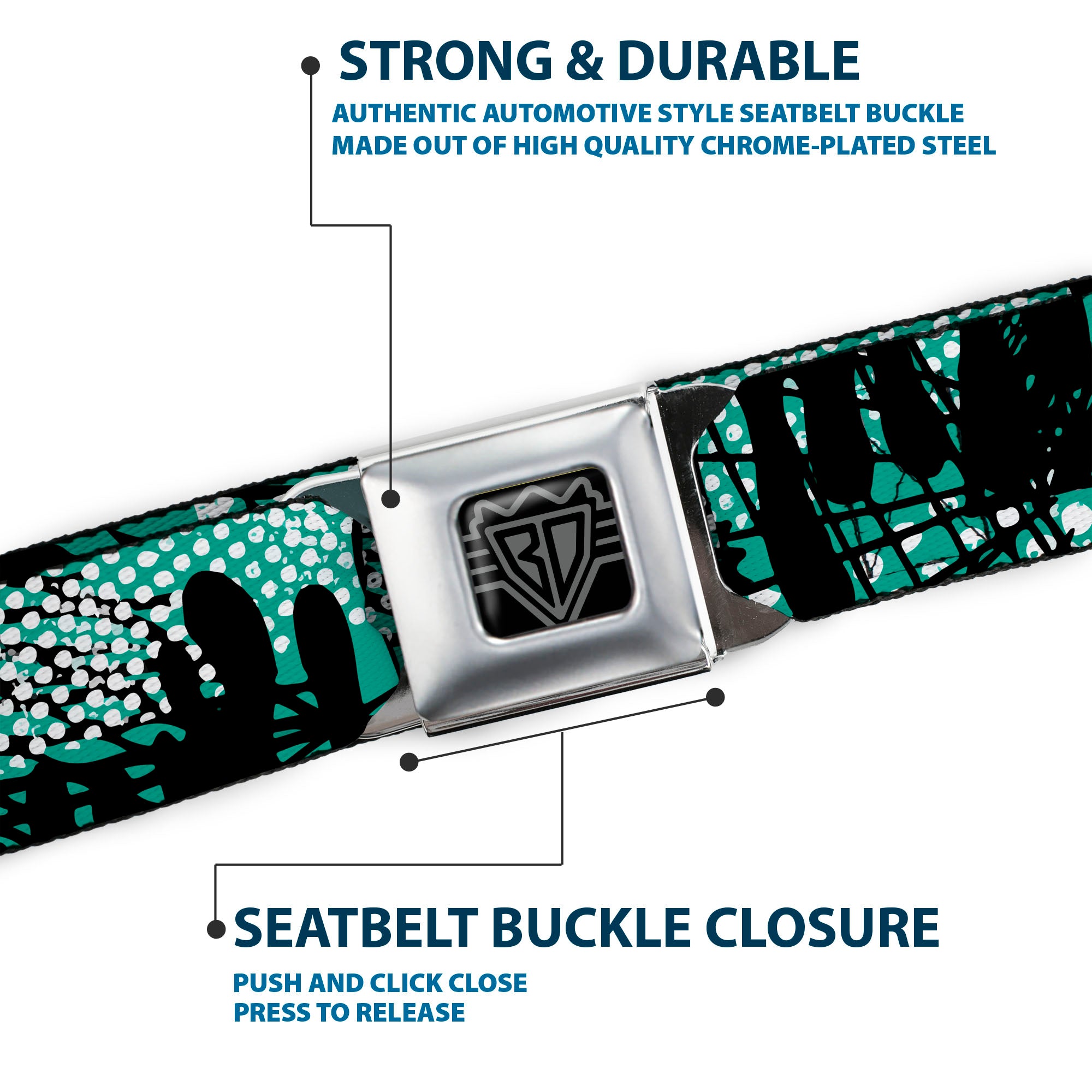 BD Wings Logo CLOSE-UP Full Color Black Silver Seatbelt Belt - Grunge Gears Green Webbing Seatbelt Belts Buckle-Down
