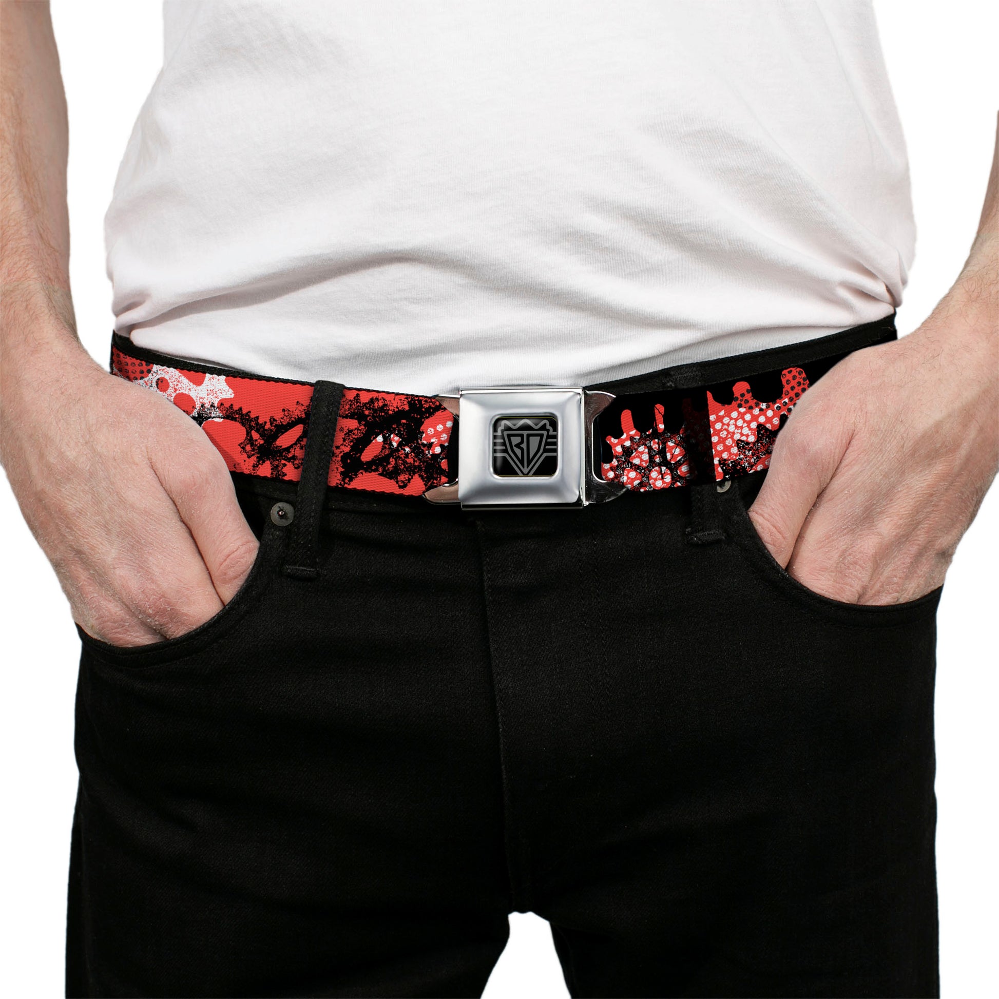 BD Wings Logo CLOSE-UP Full Color Black Silver Seatbelt Belt - Grunge Gears Orange Webbing Seatbelt Belts Buckle-Down