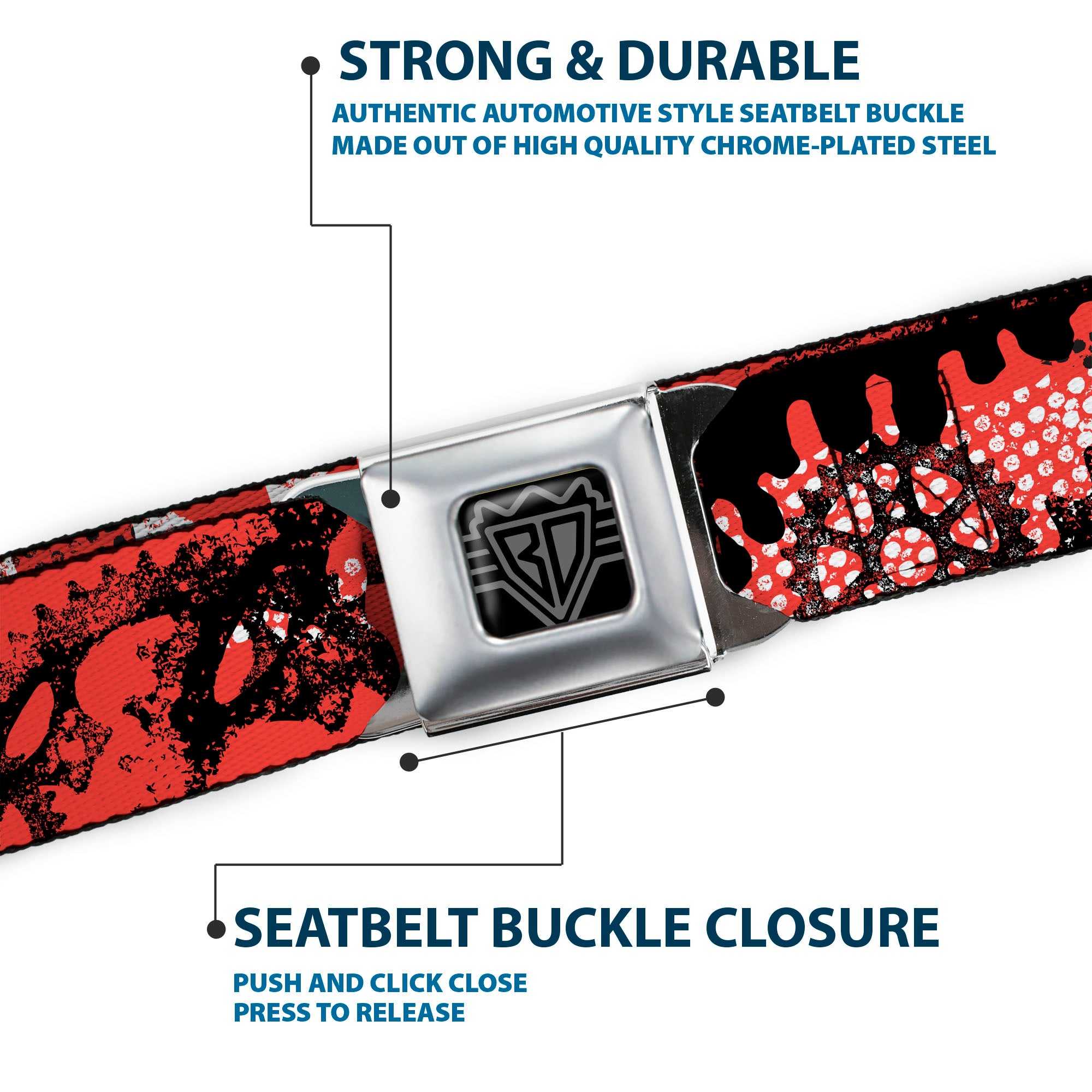 BD Wings Logo CLOSE-UP Full Color Black Silver Seatbelt Belt - Grunge Gears Orange Webbing Seatbelt Belts Buckle-Down