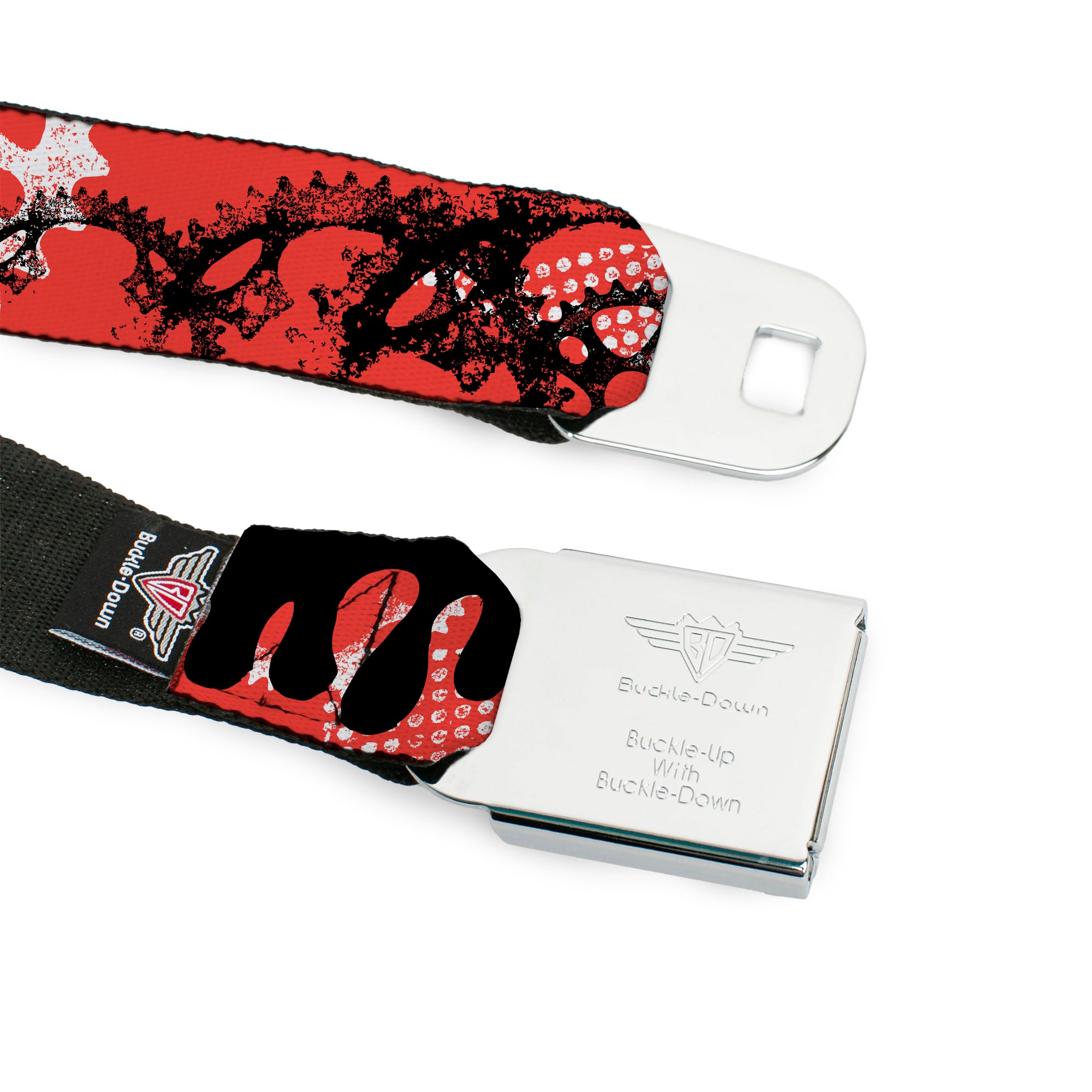 BD Wings Logo CLOSE-UP Full Color Black Silver Seatbelt Belt - Grunge Gears Orange Webbing Seatbelt Belts Buckle-Down